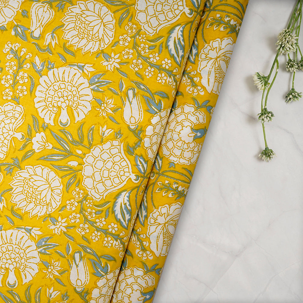 Yellow-Cream Floral Jaal Screen Printed Pure Cotton Fabric