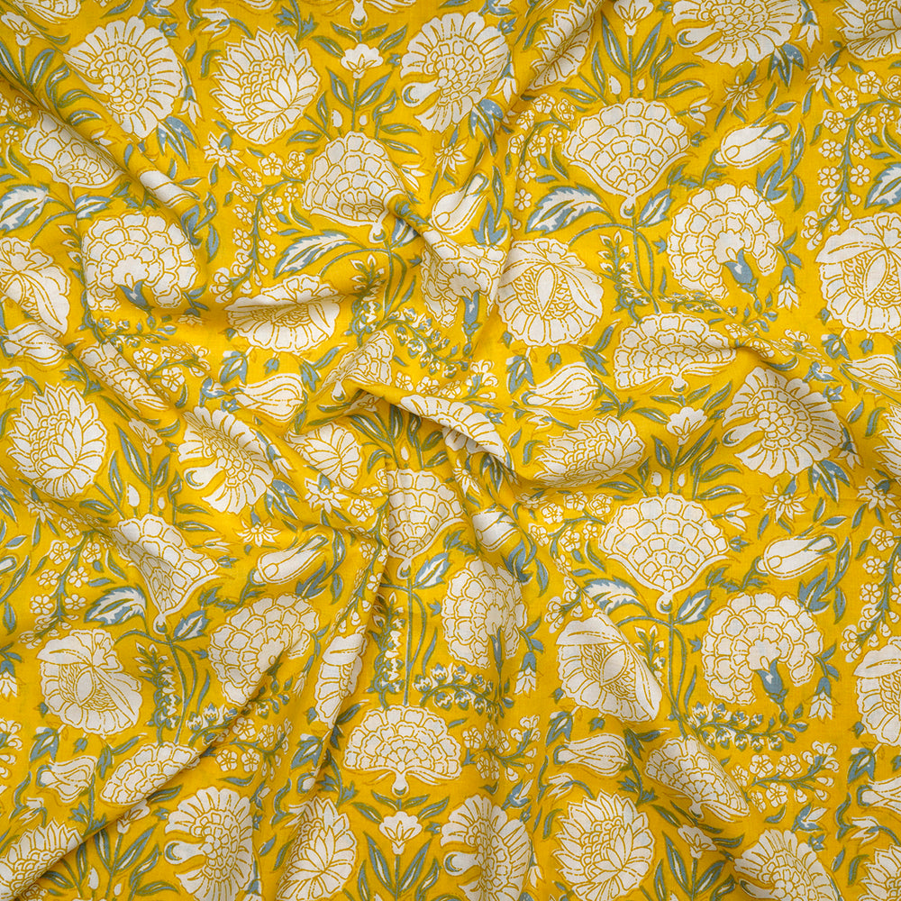 Yellow-Cream Floral Jaal Screen Printed Pure Cotton Fabric