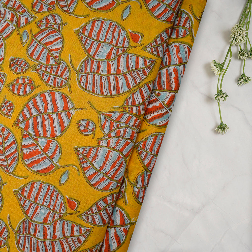 Mustard Leaf Pattern Screen Printed Pure Cotton Fabric