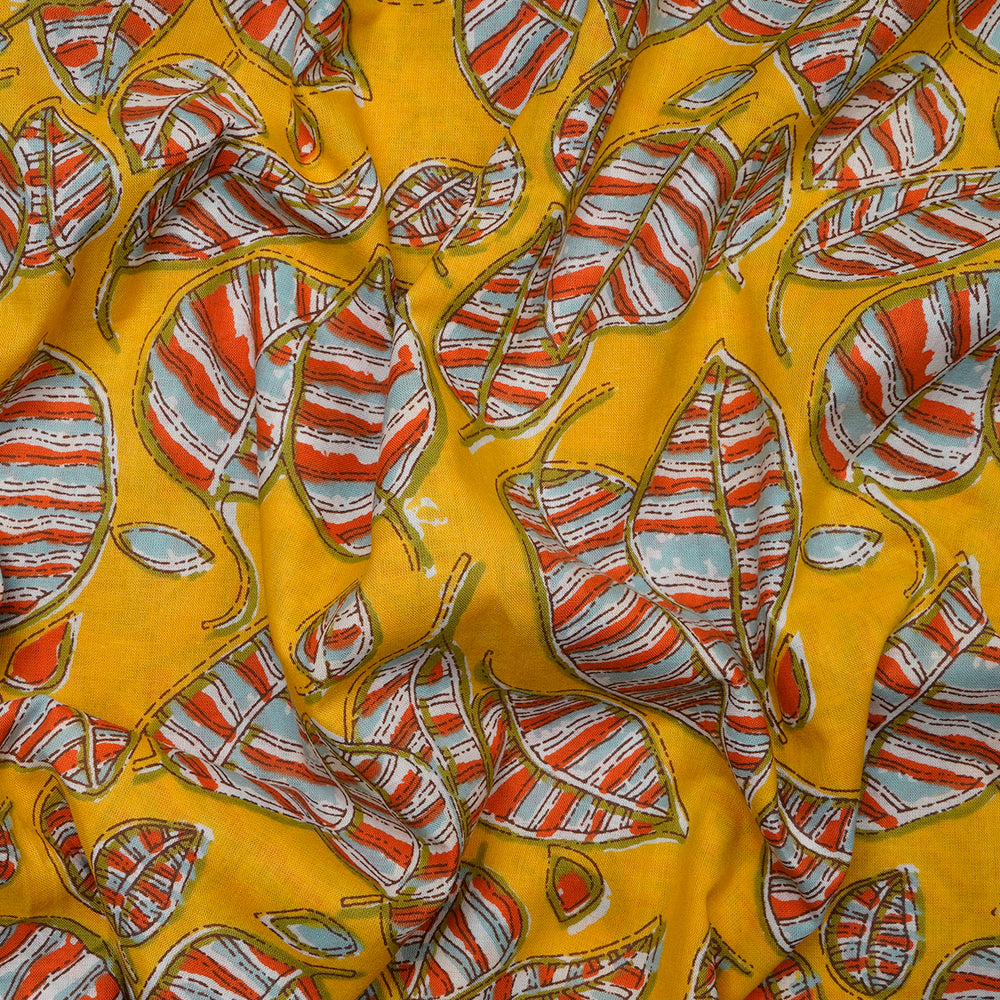 Mustard Leaf Pattern Screen Printed Pure Cotton Fabric