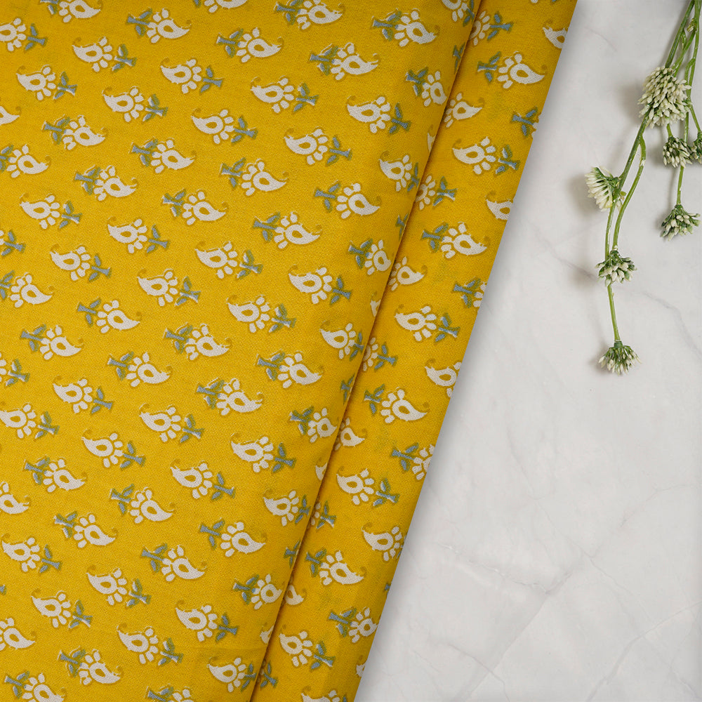 Yellow Floral Booti Screen Printed Pure Cotton Fabric