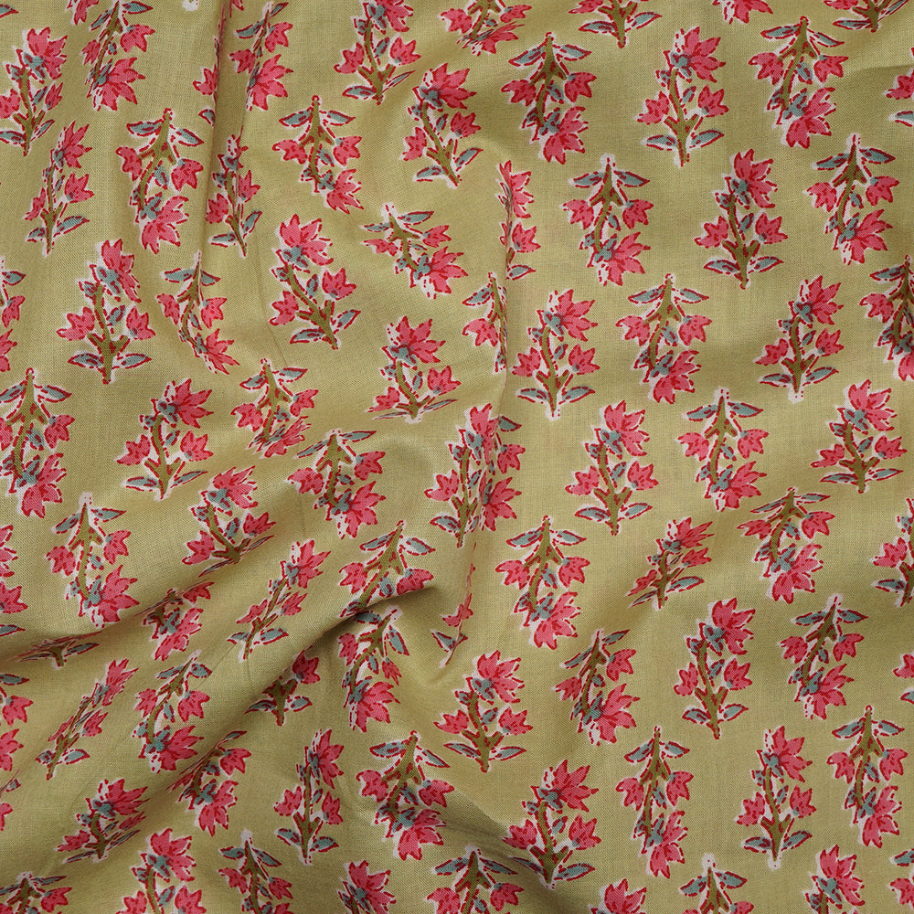 Green-Pink Floral Booti Screen Printed Pure Cotton Fabric