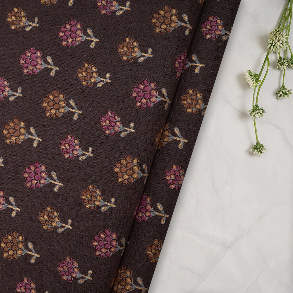 Dark Brown Floral Booti Screen Printed Pure Cotton Fabric