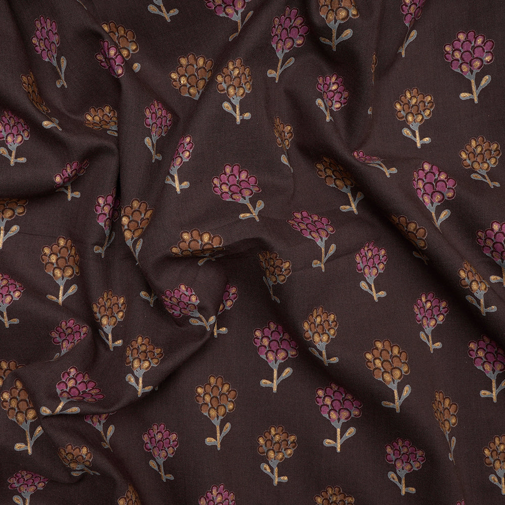 Dark Brown Floral Booti Screen Printed Pure Cotton Fabric