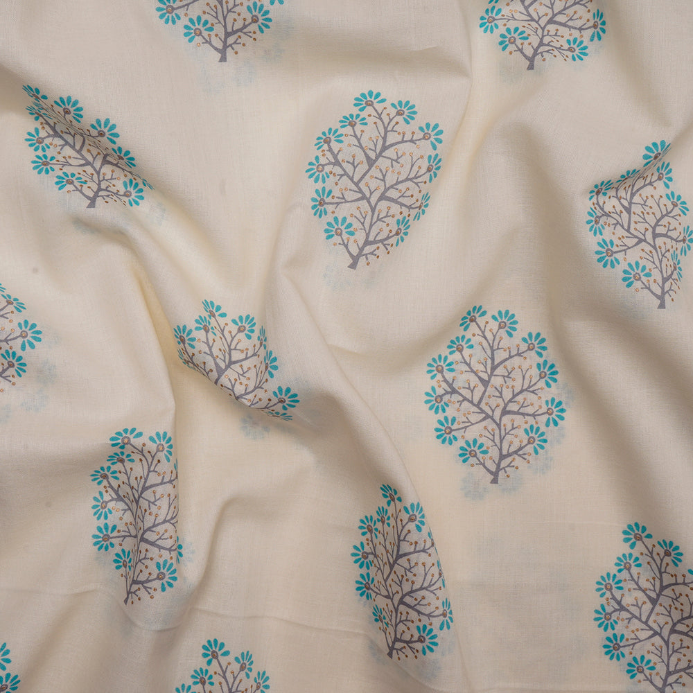 Cream-Blue Floral Motif Screen Printed Pure Cotton Fabric