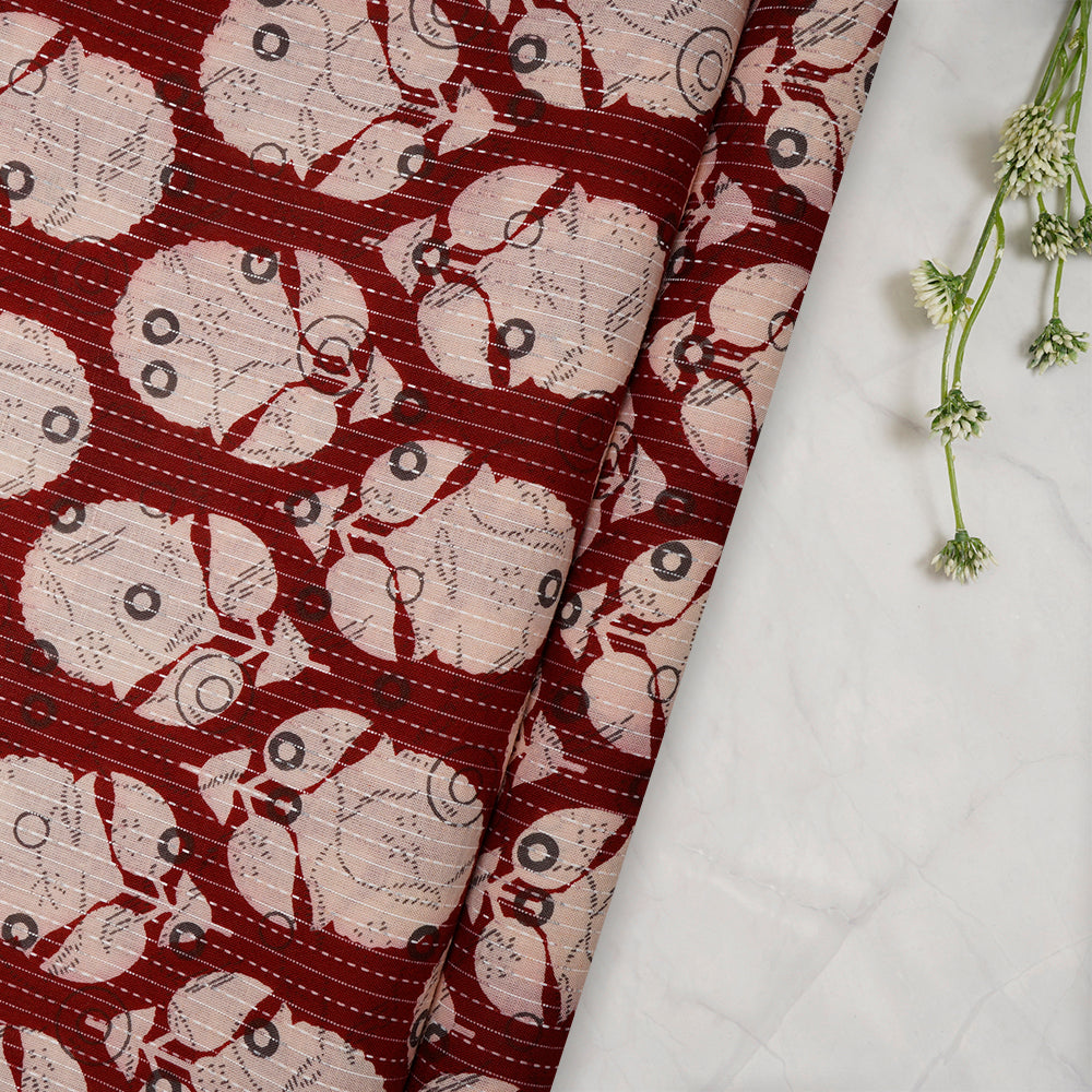 Maroon-Cream Floral Pattern Screen Printed Kantha Dobby Pure Cotton Fabric