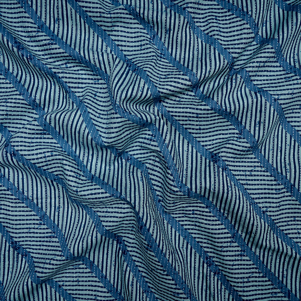 Blue Geometric Pattern Screen Printed Kantha Dobby Pure Cotton Fabric