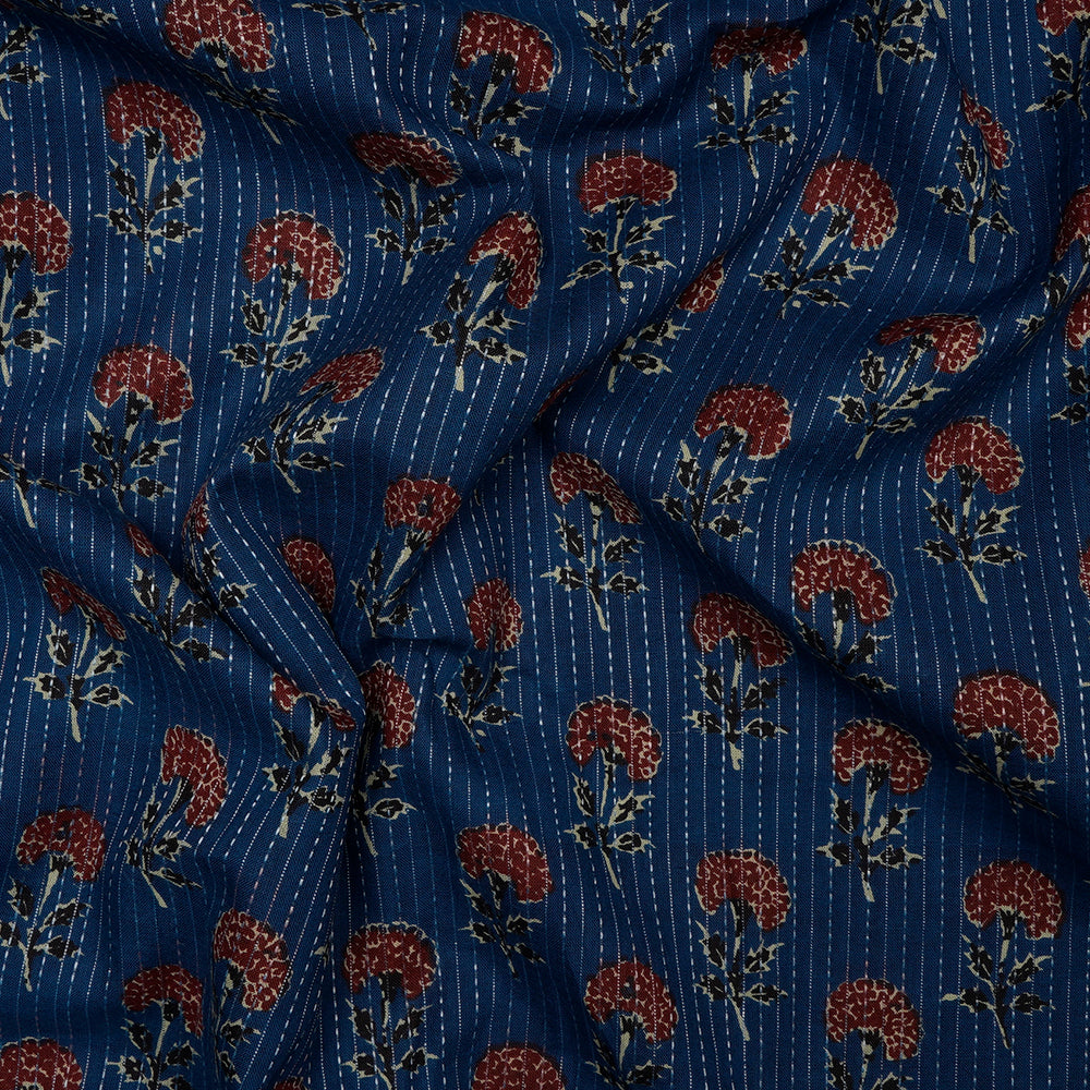 Blue Floral Pattern Screen Printed Kantha Dobby Pure Cotton Fabric
