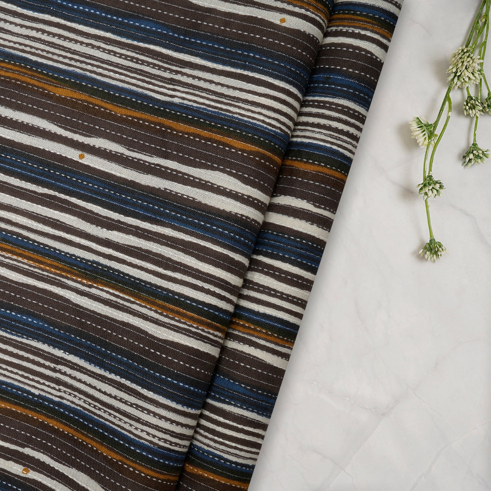 Multi Color Striped Pattern Screen Printed Kantha Dobby Pure Cotton Fabric