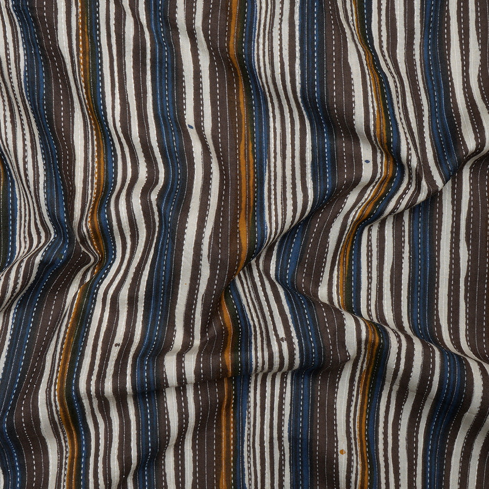 Multi Color Striped Pattern Screen Printed Kantha Dobby Pure Cotton Fabric