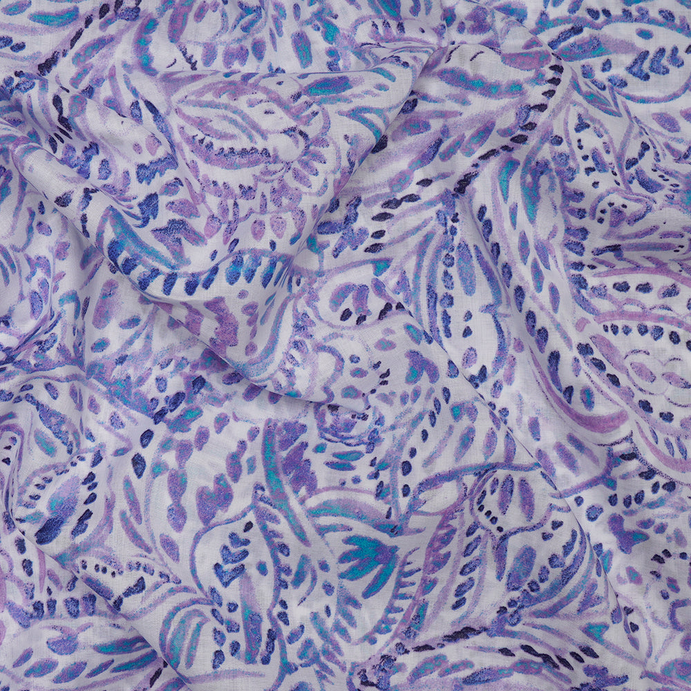 Purple White Floral Pattern Printed Mill Made Cotton Chambray Fabric