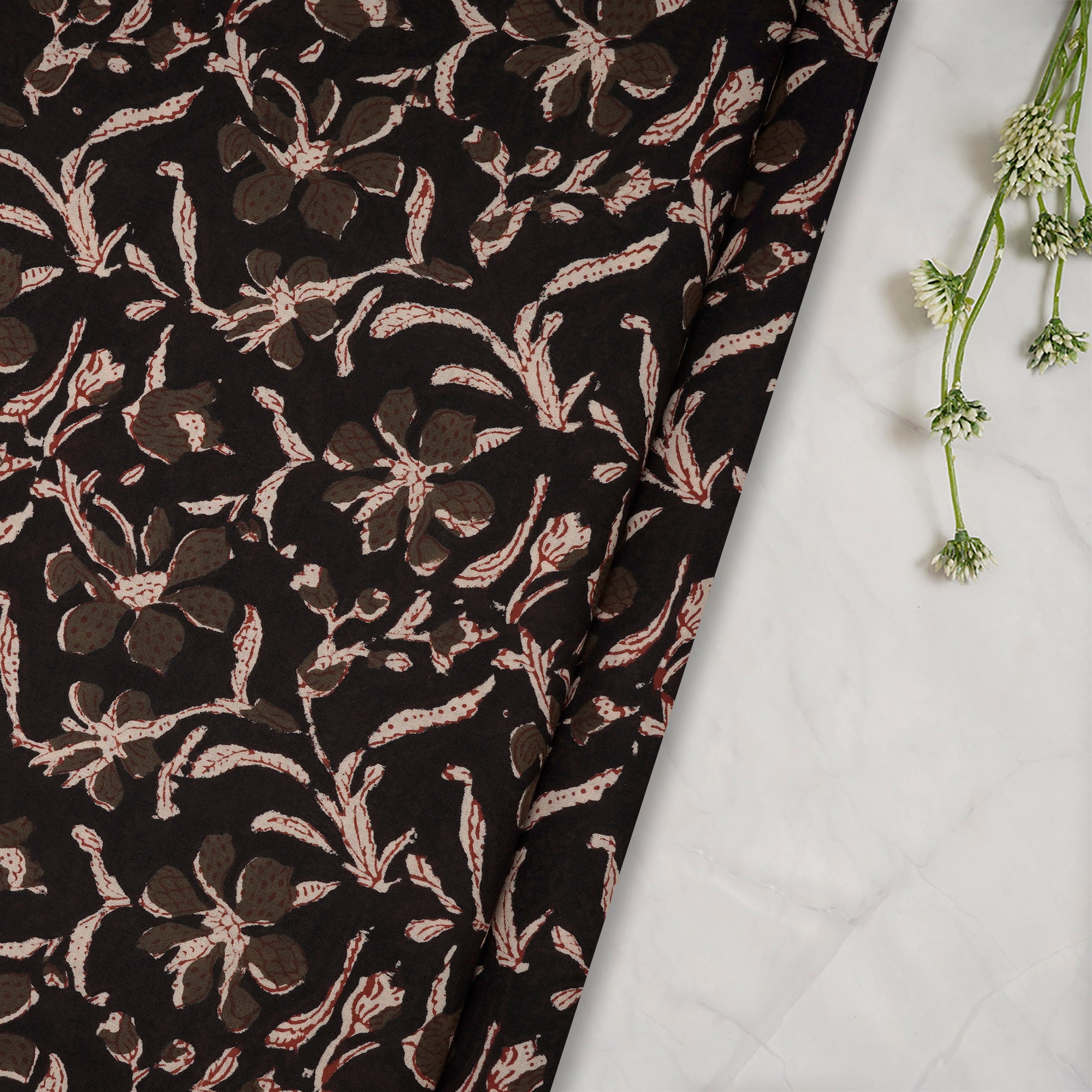 Dark Brown Floral Pattern Natural Dye Hand Block Bagru Printed Cotton Fabric