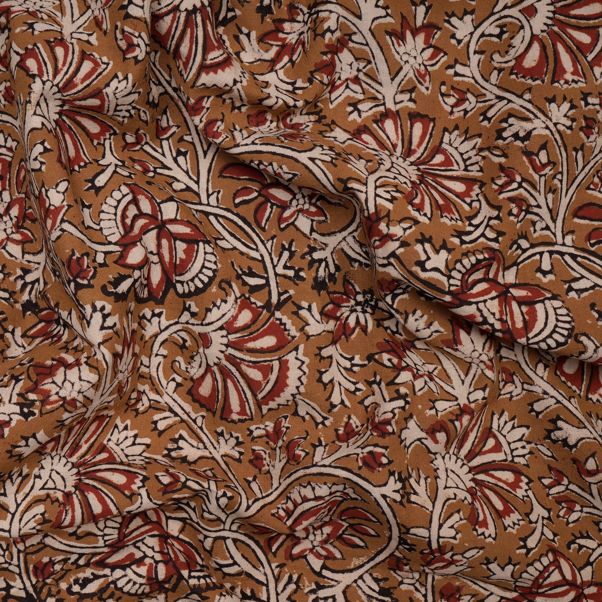 Dark Mustard Floral Pattern Natural Dye Hand Block Bagru Printed Cotton Fabric