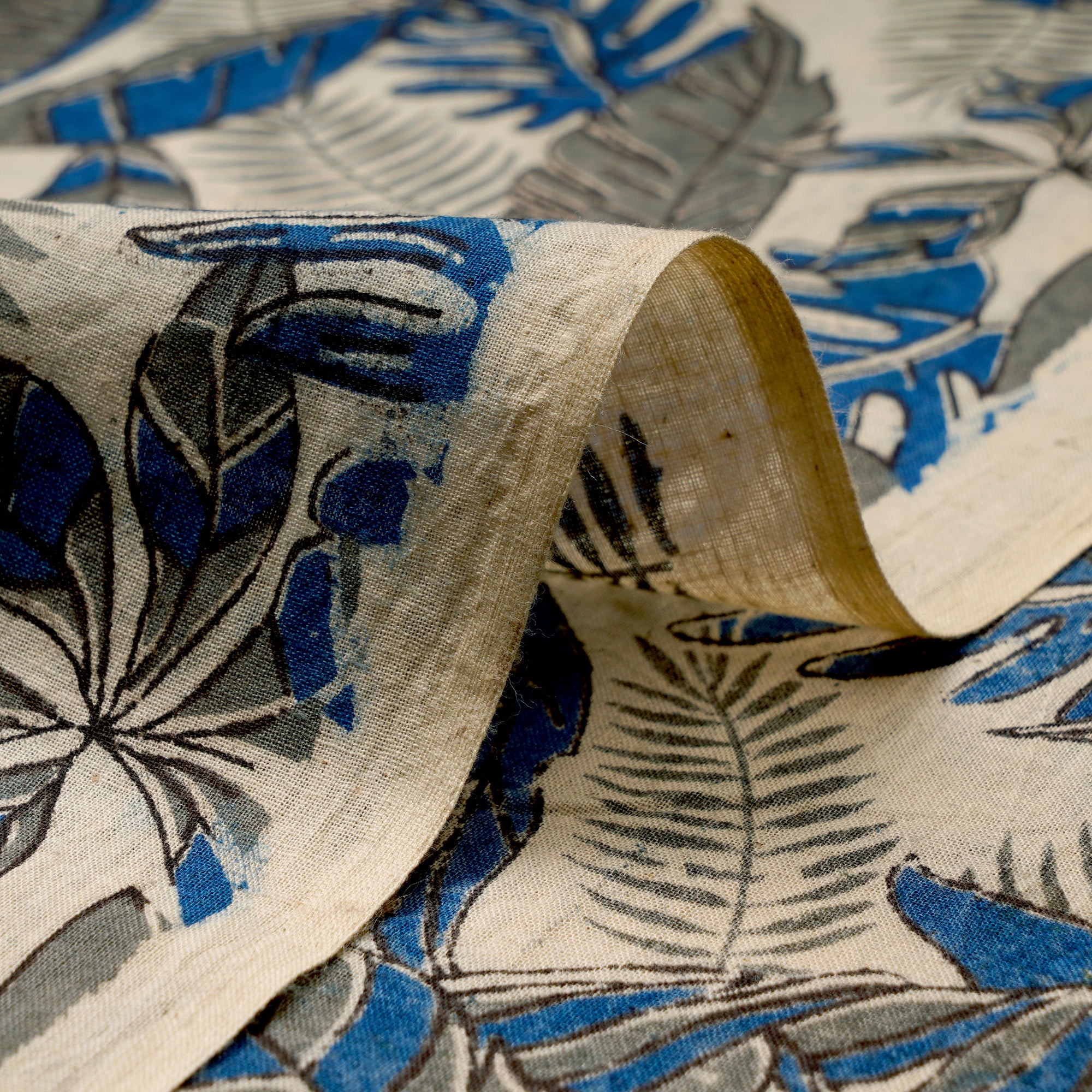 Blue-Grey Floral Pattern Screen Printed kalamkari Cotton Fabric