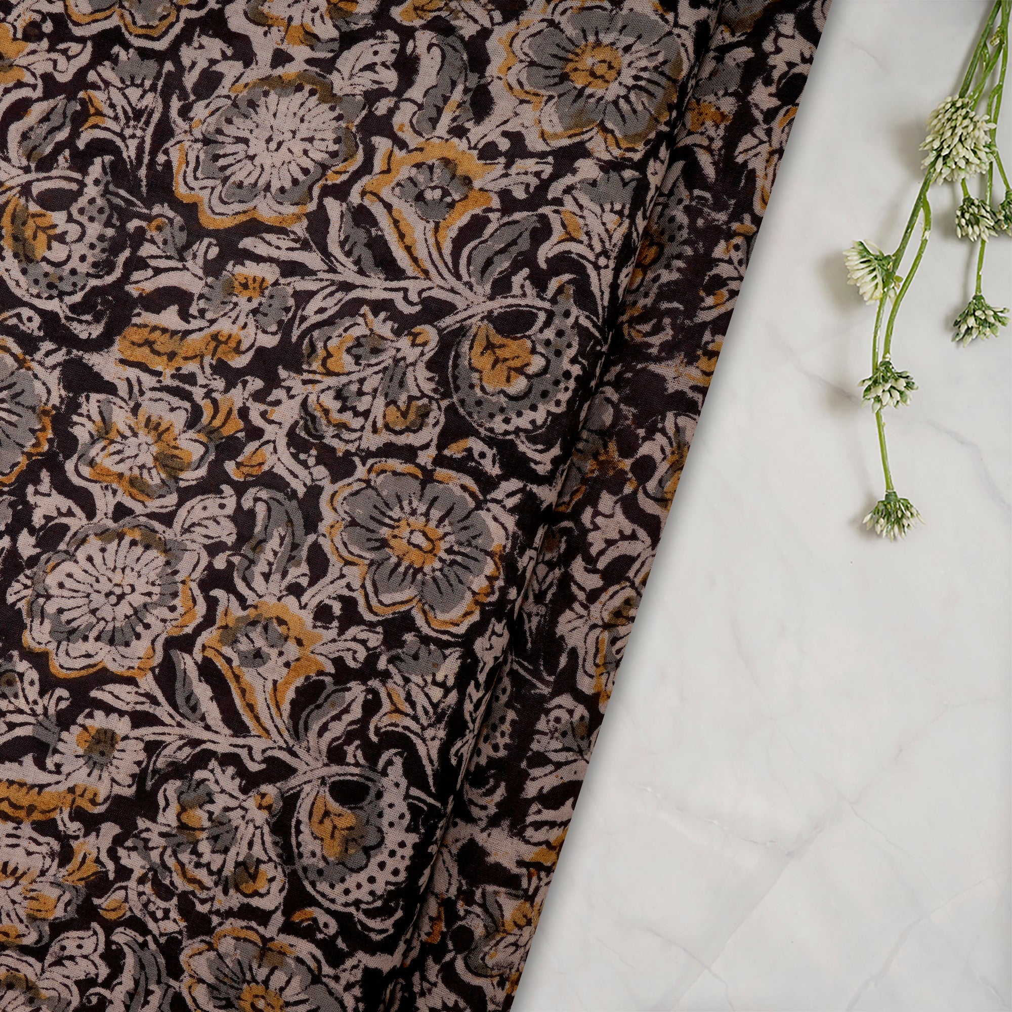 Multi Floral Pattern Hand Block Kalamkari Printed Cotton Fabric