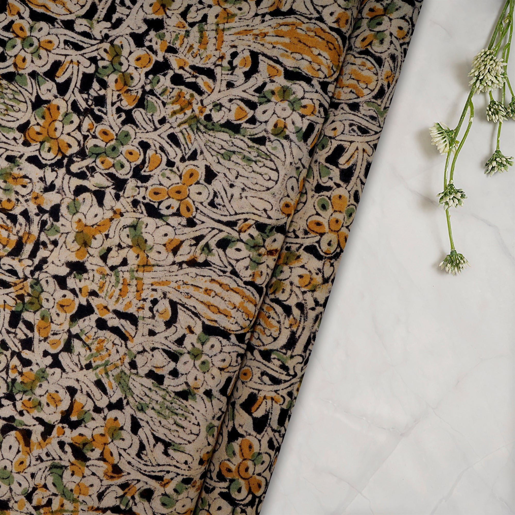 Multi Floral Pattern Hand Block Kalamkari Printed Cotton Fabric