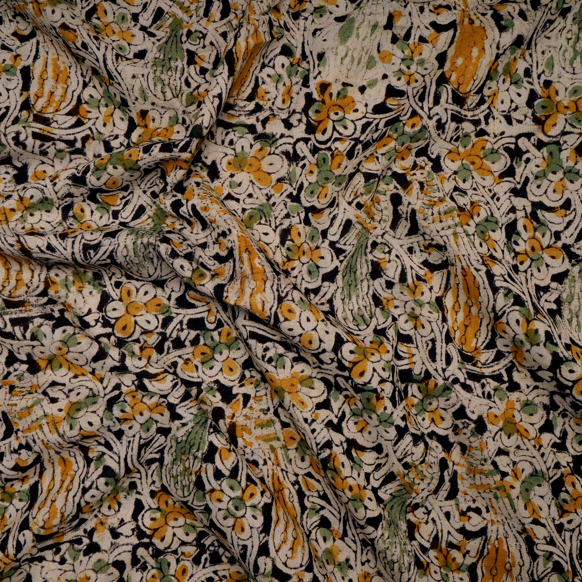 Multi Floral Pattern Hand Block Kalamkari Printed Cotton Fabric