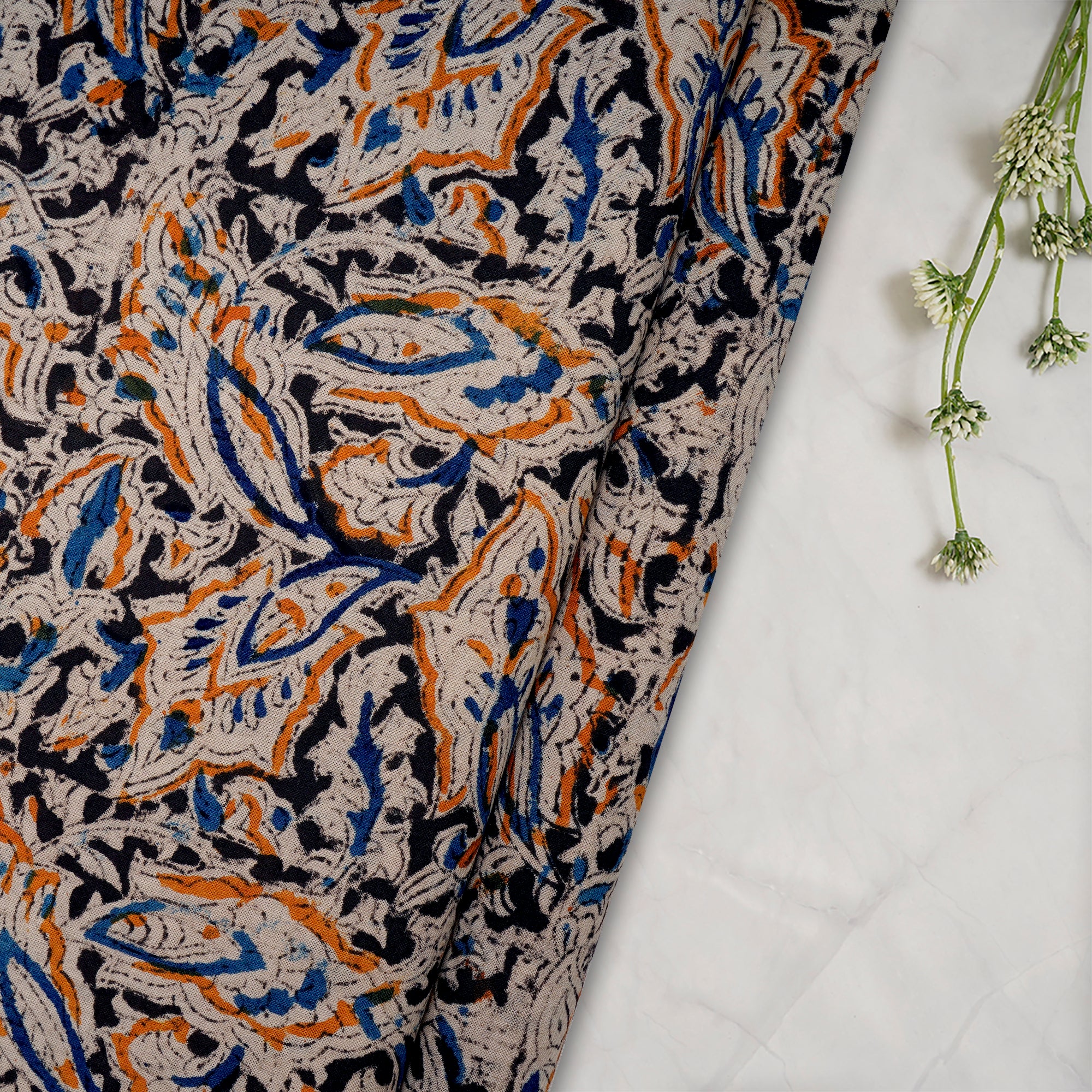 Multi Floral Pattern Hand Block Kalamkari Printed Cotton Fabric