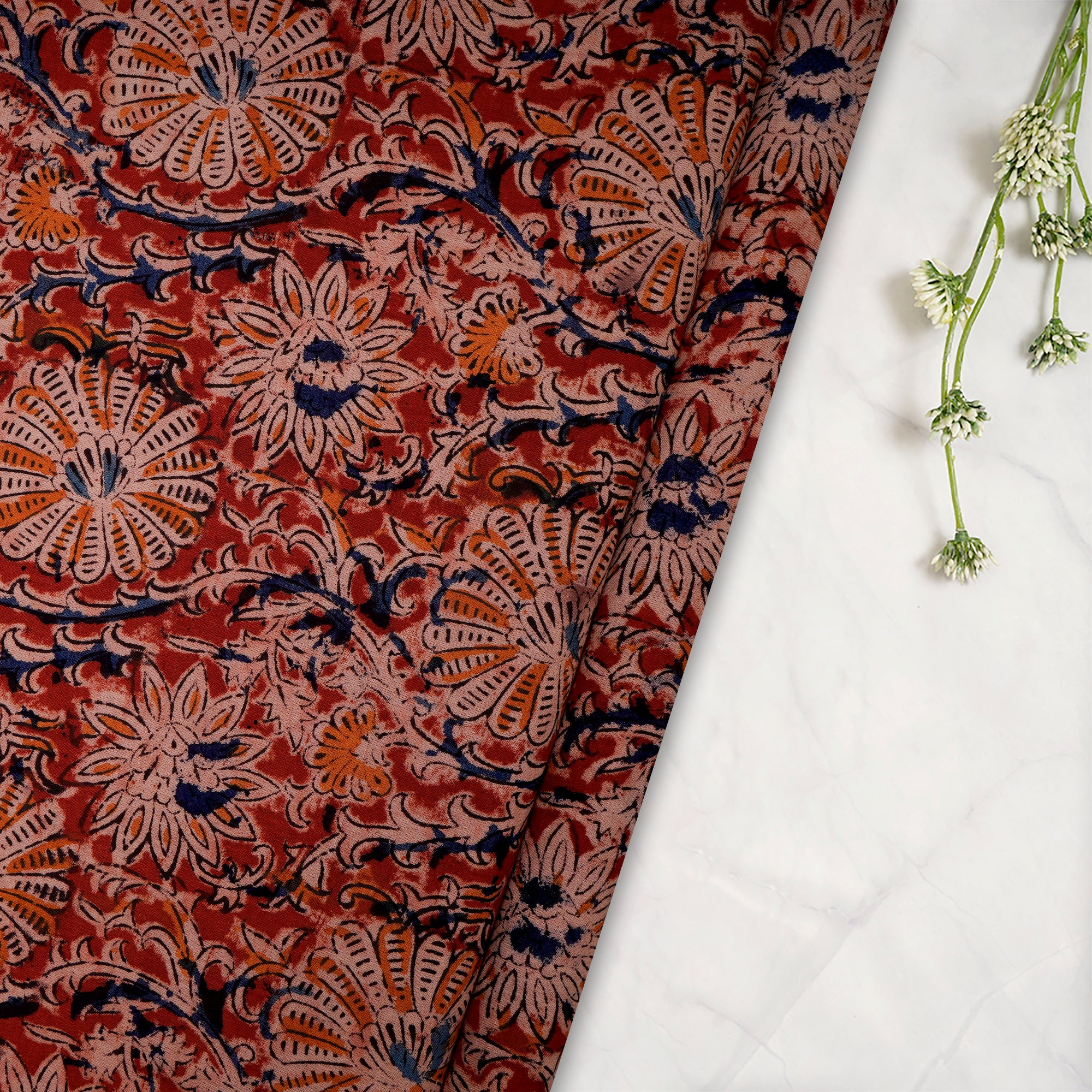 Multi Floral Pattern Hand Block Kalamkari Printed Cotton Fabric