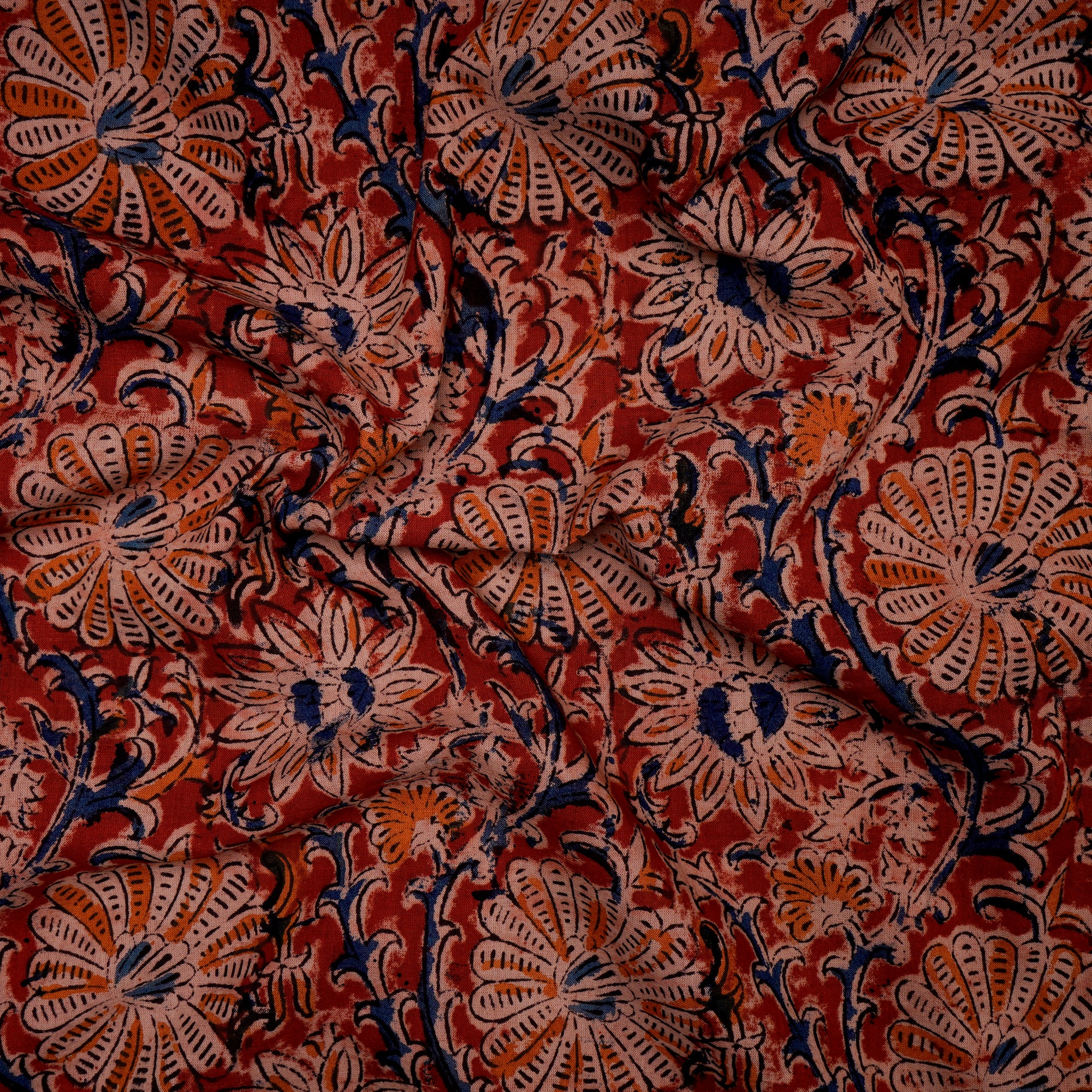 Multi Floral Pattern Hand Block Kalamkari Printed Cotton Fabric