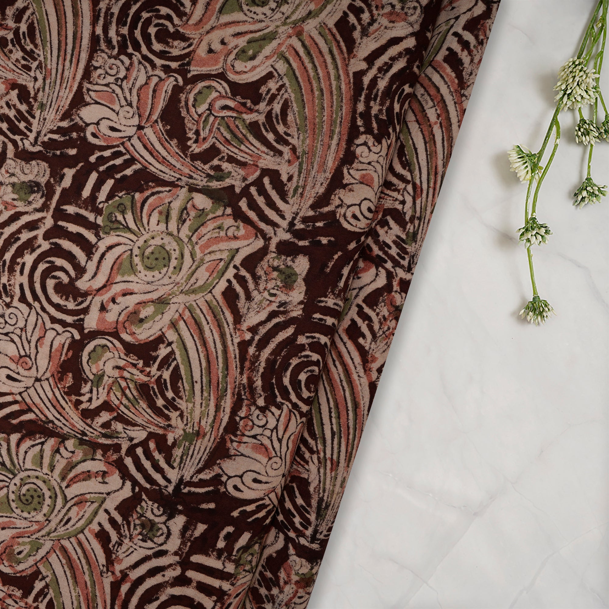Multi Floral Pattern Hand Block Kalamkari Printed Cotton Fabric