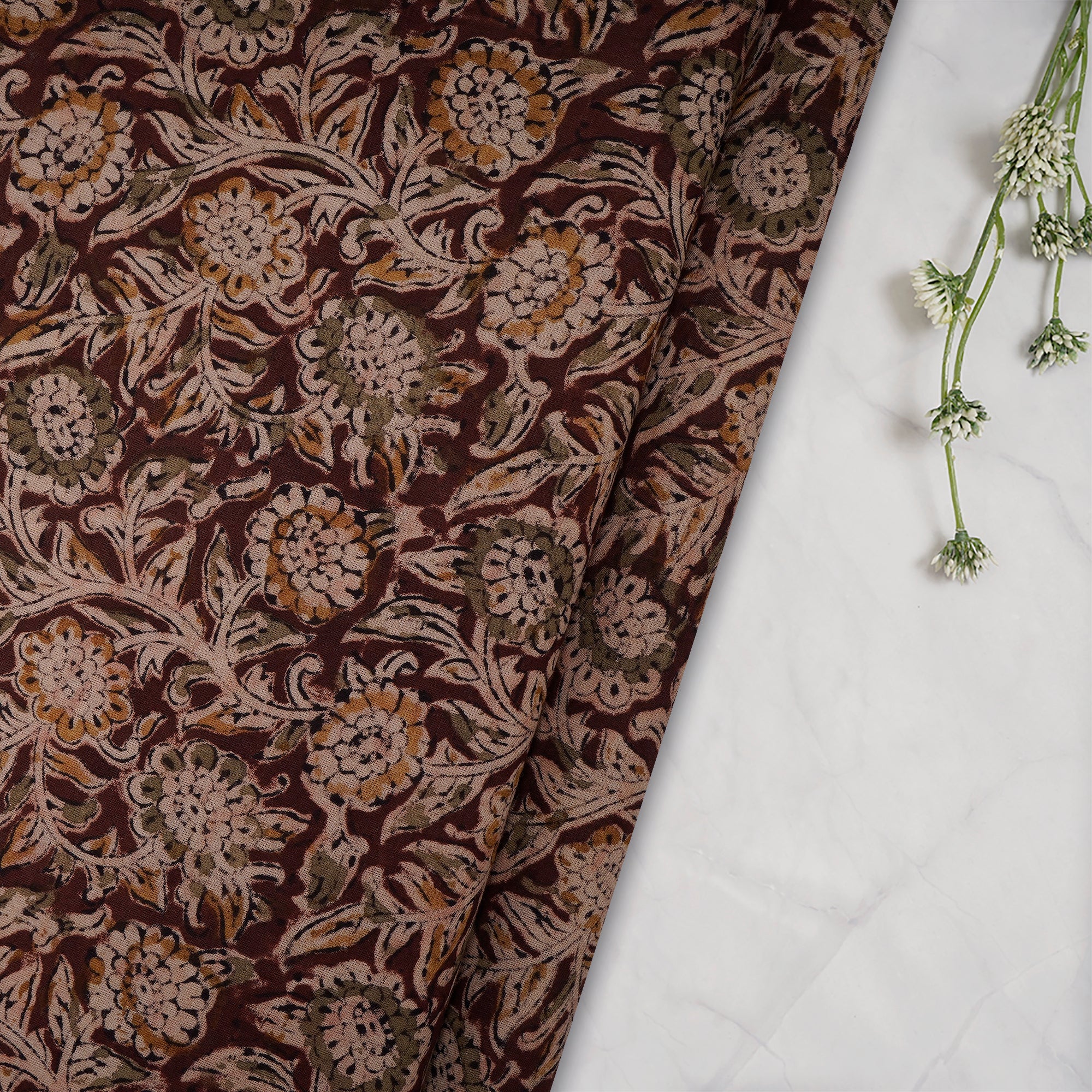 Multi Floral Pattern Hand Block Kalamkari Printed Cotton Fabric