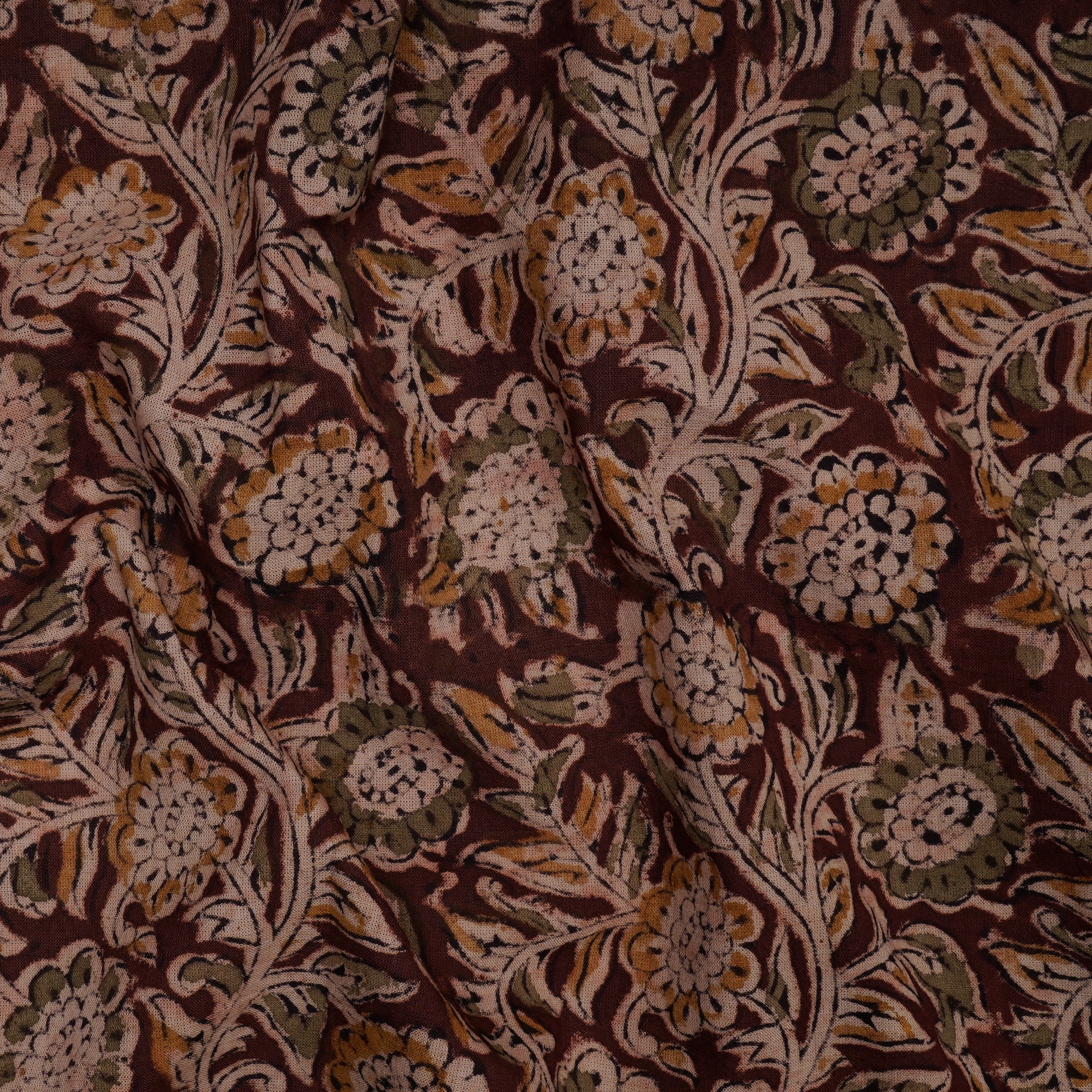 Multi Floral Pattern Hand Block Kalamkari Printed Cotton Fabric