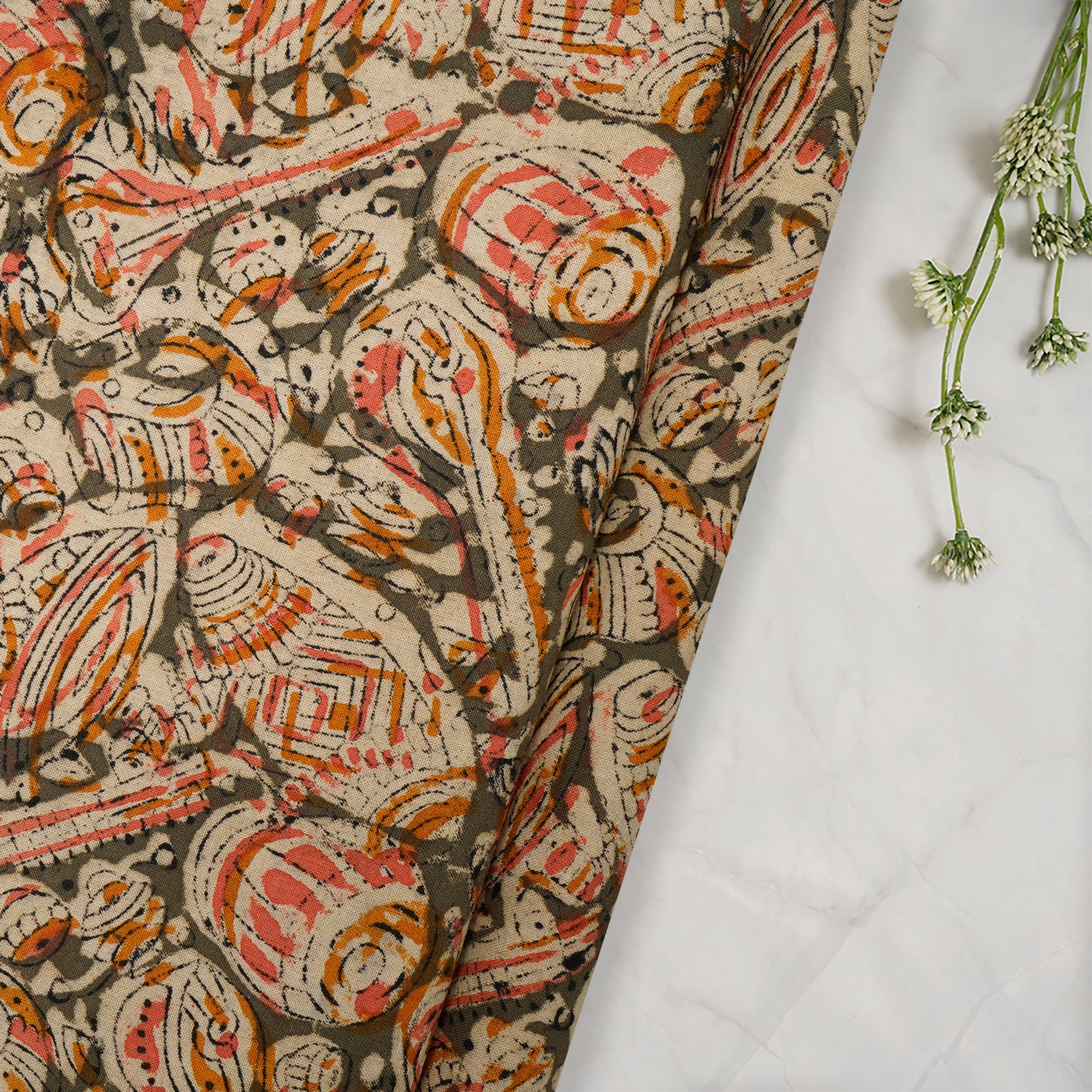 Multi Color Traditional Pattern Hand Block Kalamkari Printed Cotton Fabric