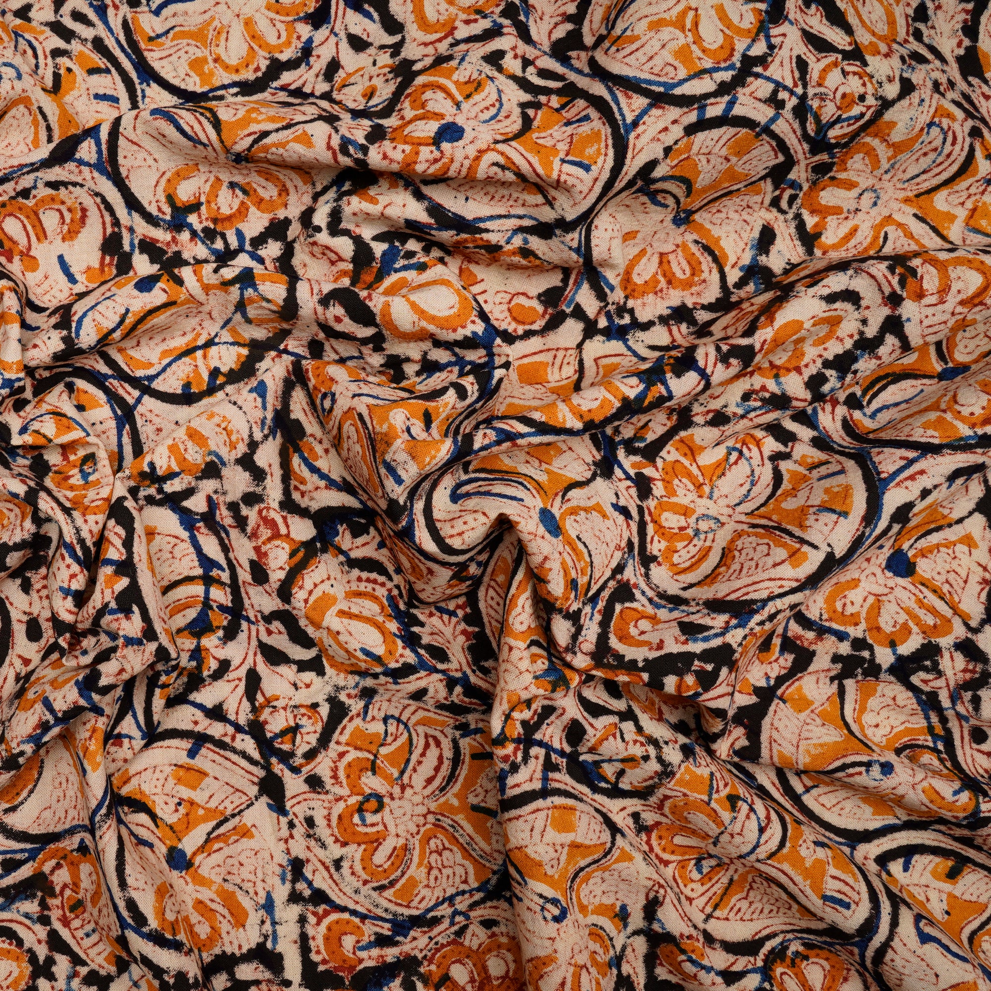 Multi Color Floral Pattern Hand Block Kalamkari Printed Cotton Fabric