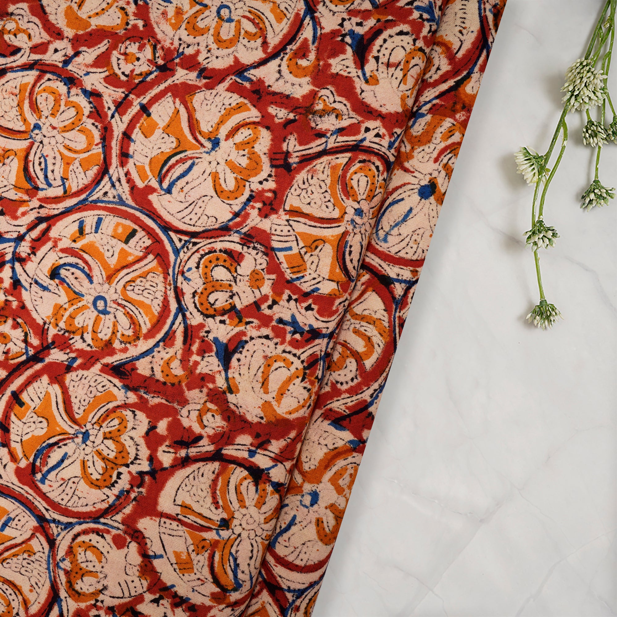 Multi Color Floral Pattern Hand Block Kalamkari Printed Cotton Fabric