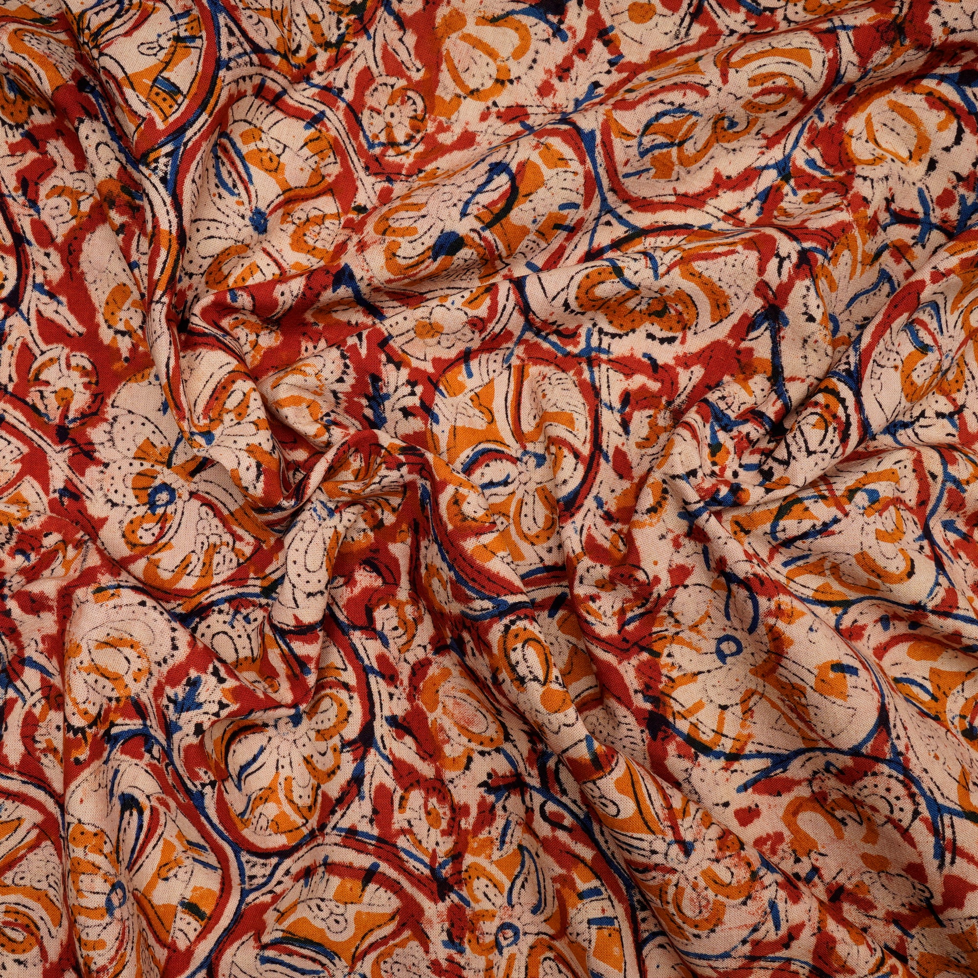 Multi Color Floral Pattern Hand Block Kalamkari Printed Cotton Fabric