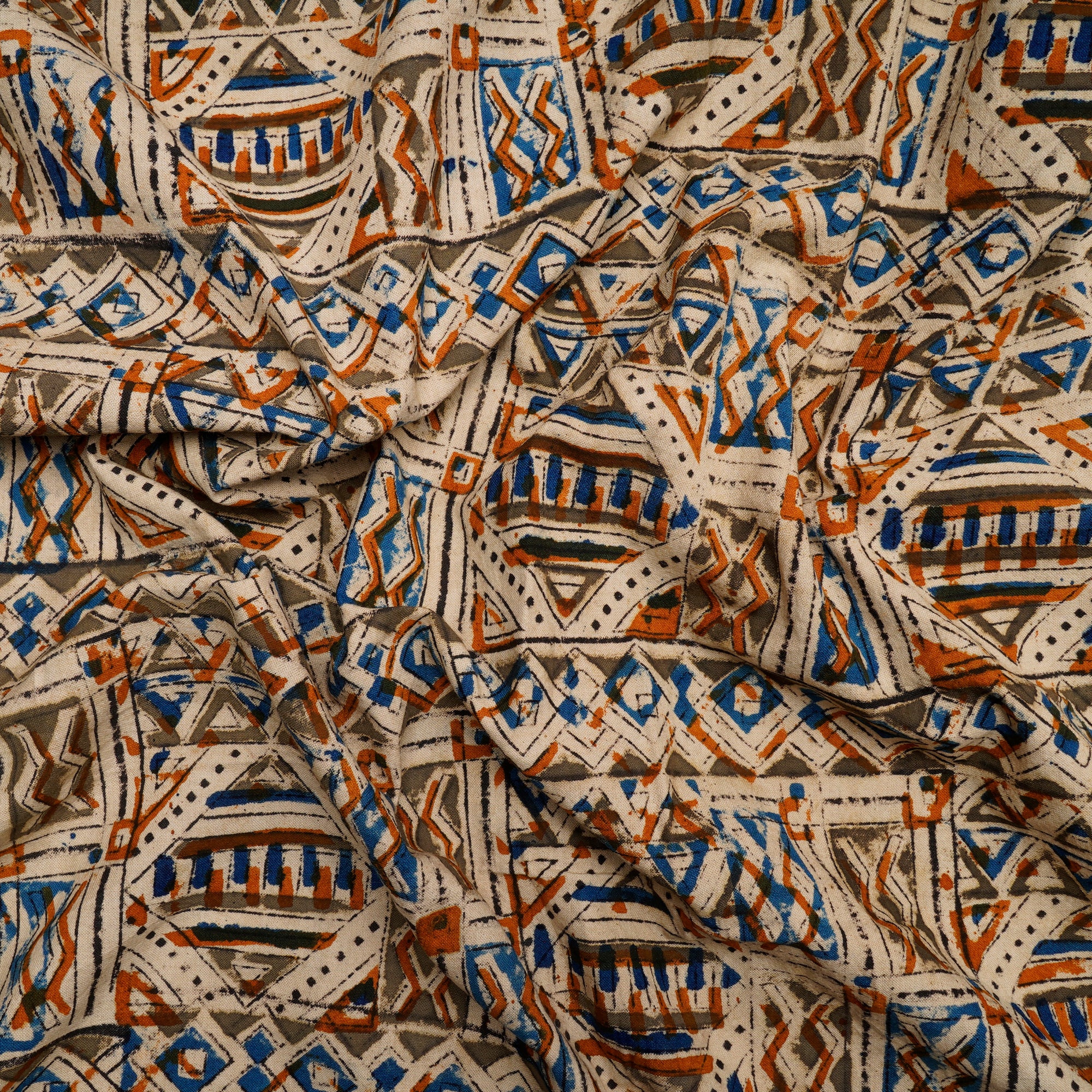 Multi Color Geometric Pattern Hand Block Kalamkari Printed Cotton Fabric