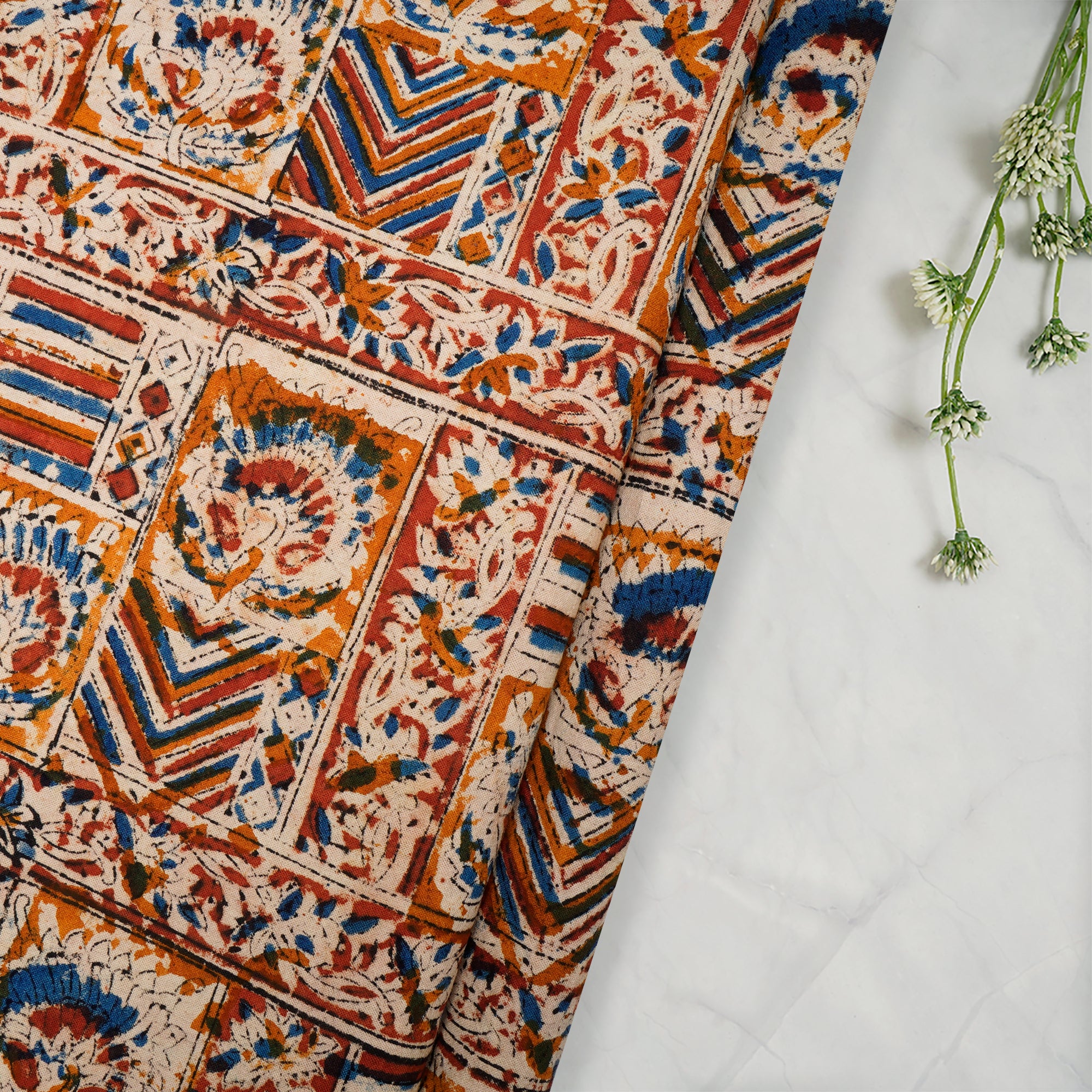 Multi Color Traditional Pattern Hand Block Kalamkari Printed Cotton Fabric