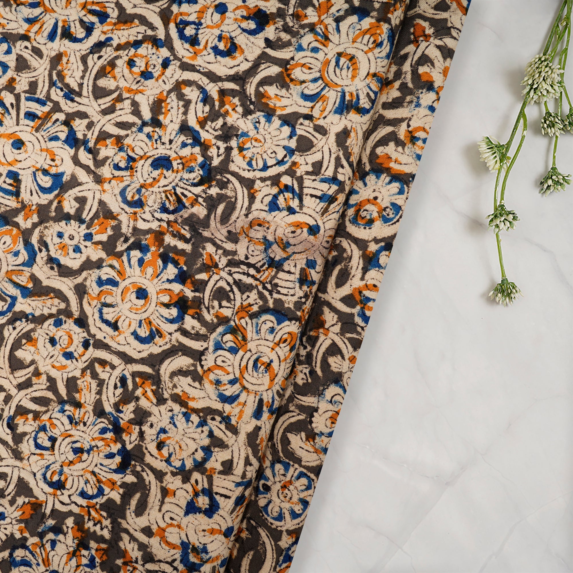 Multi Color Floral Pattern Hand Block Kalamkari Printed Cotton Fabric