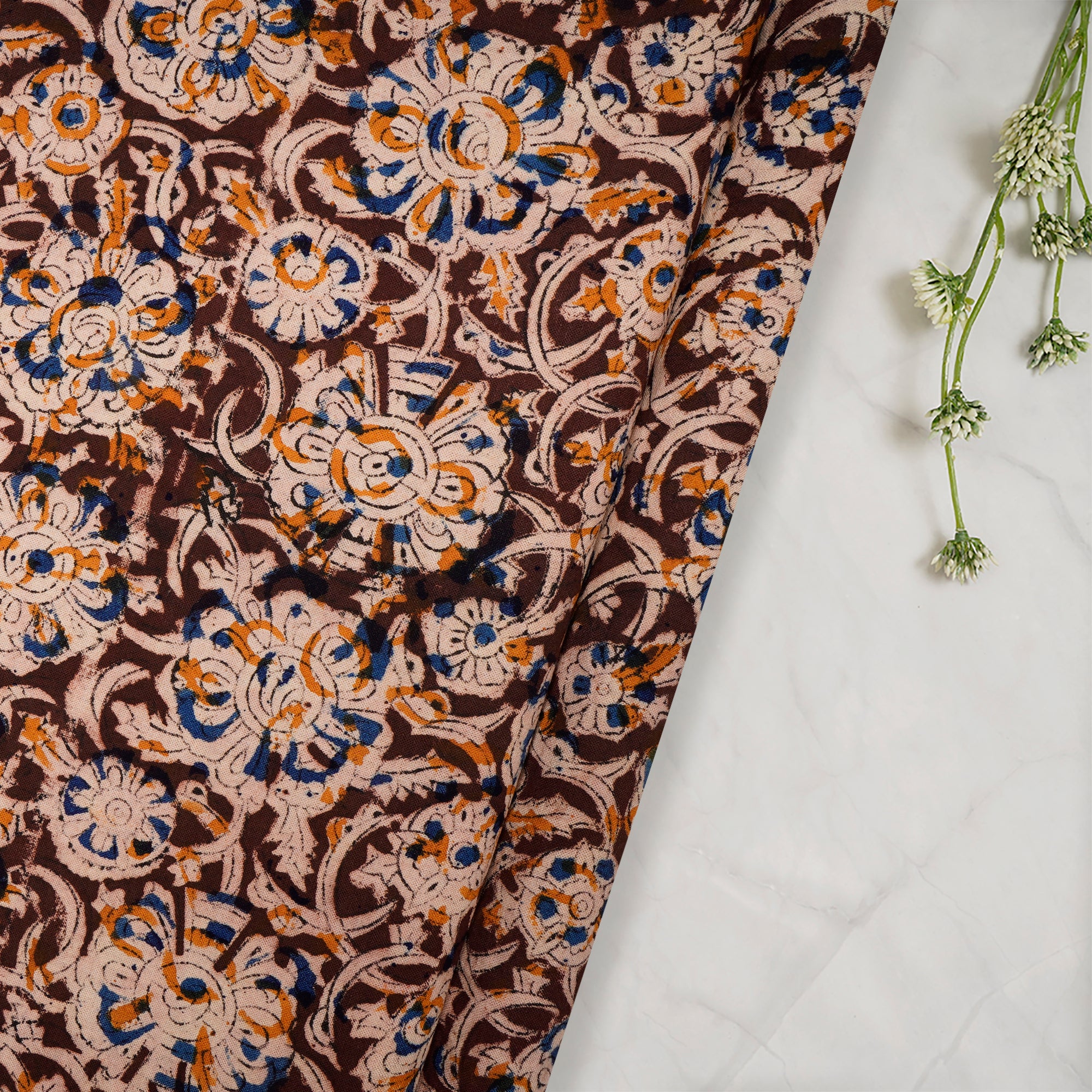 Multi Color Floral Pattern Hand Block Kalamkari Printed Cotton Fabric