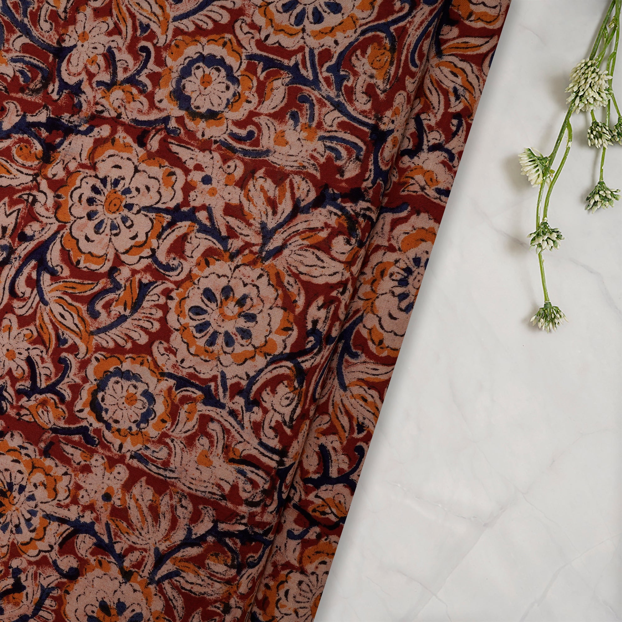 Multi Floral Pattern Hand Block Kalamkari Printed Cotton Fabric