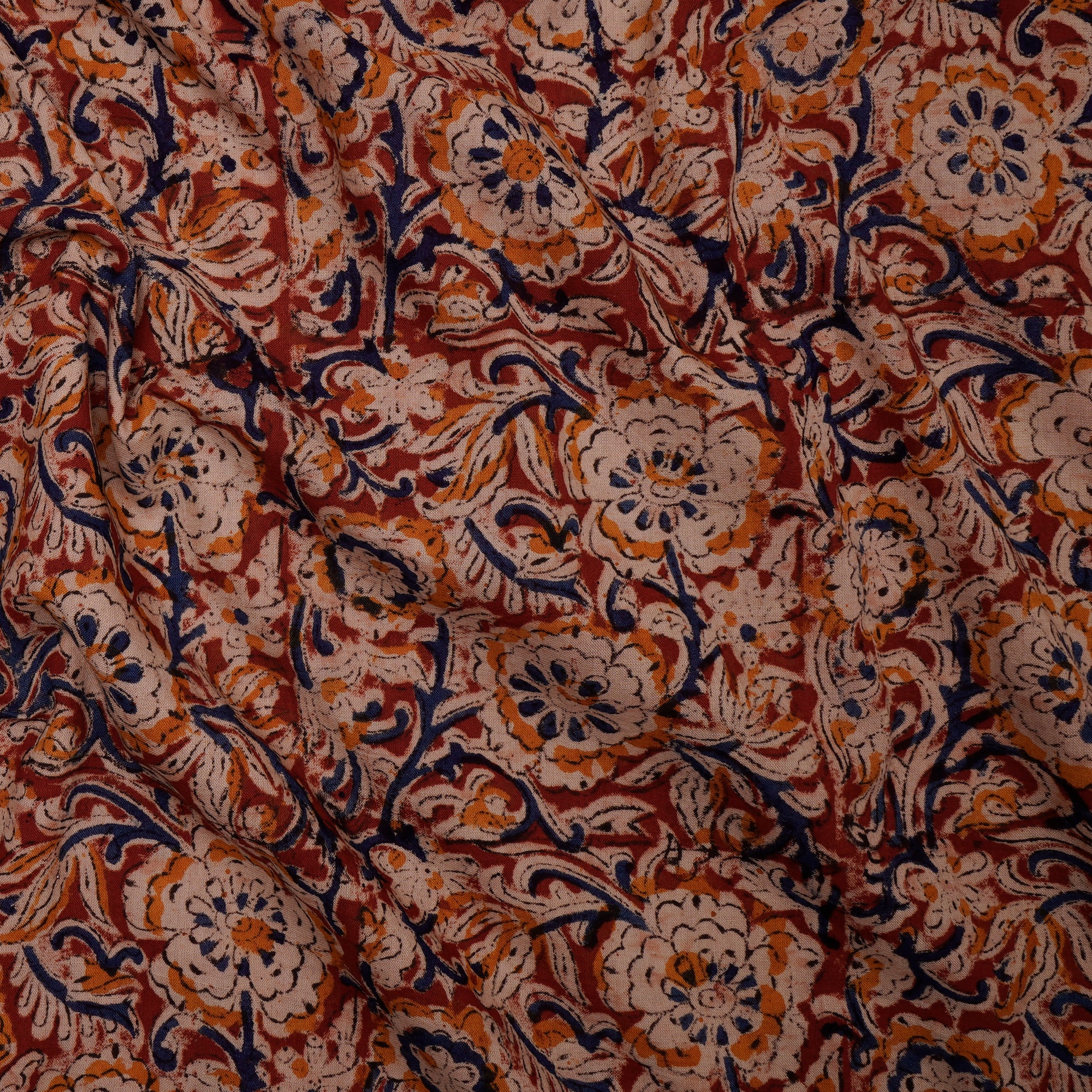 Multi Floral Pattern Hand Block Kalamkari Printed Cotton Fabric