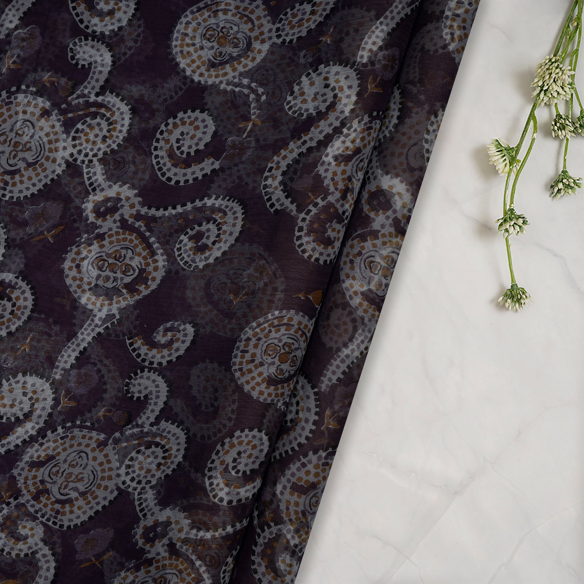 Mauve Floral Pattern Screen Printed Viscose Chiffon Fabric