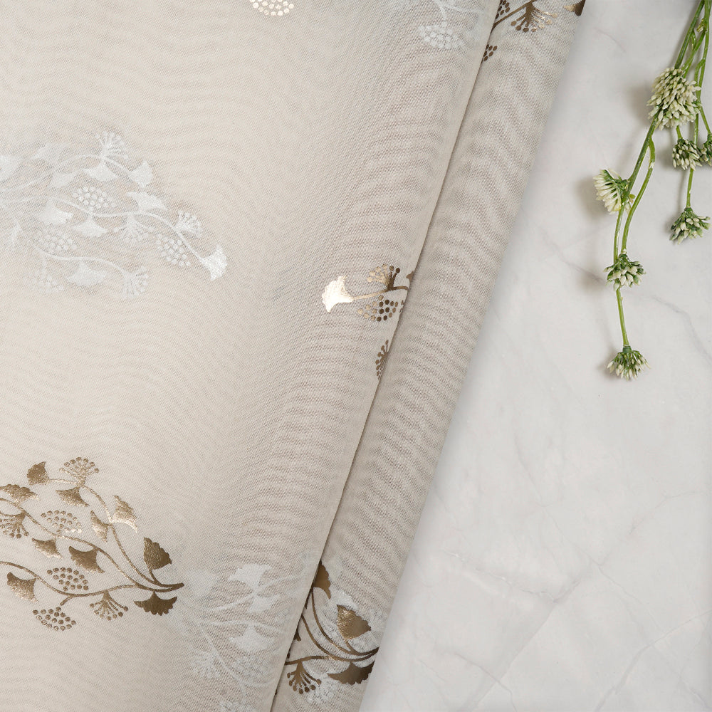 Off White Color Foil Printed Pure Chanderi Fabric