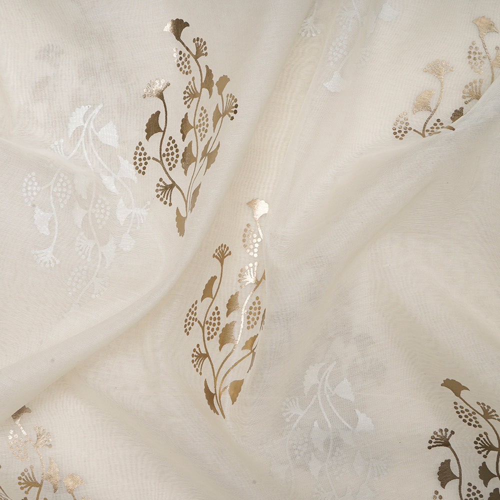 Off White Color Foil Printed Pure Chanderi Fabric