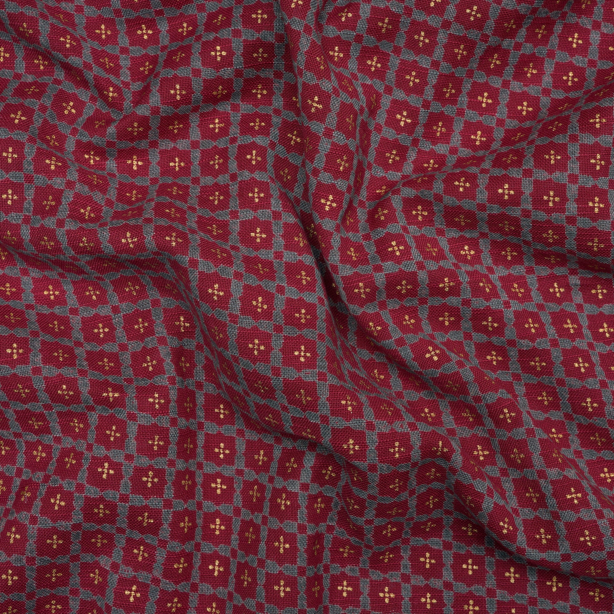 Red-Grey All Over Pattern Screen Printed Cotton Slub Fabric