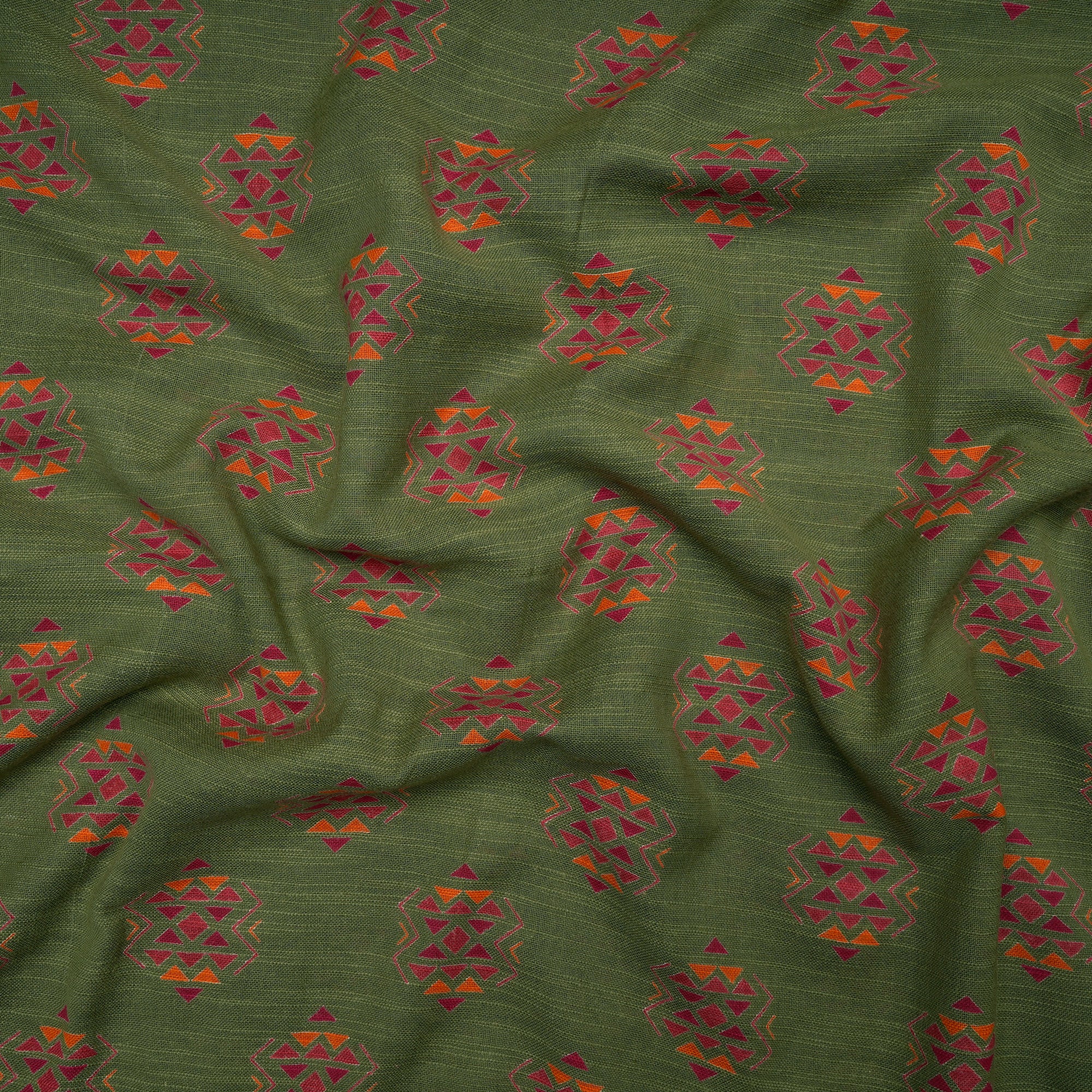 Olive Green All Over Pattern Screen Printed Cotton Slub Fabric
