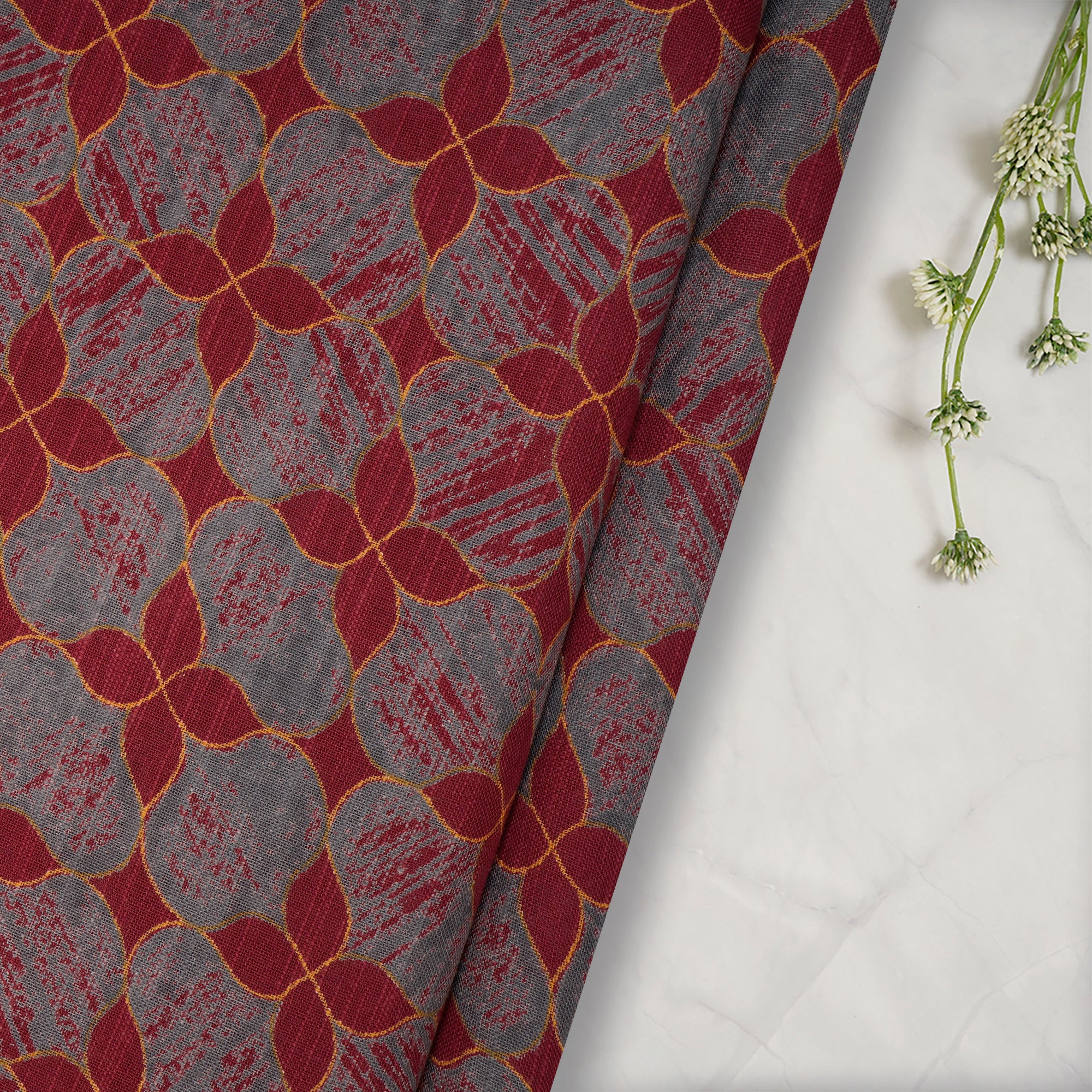 Red-Grey All Over Pattern Screen Printed Cotton Slub Fabric