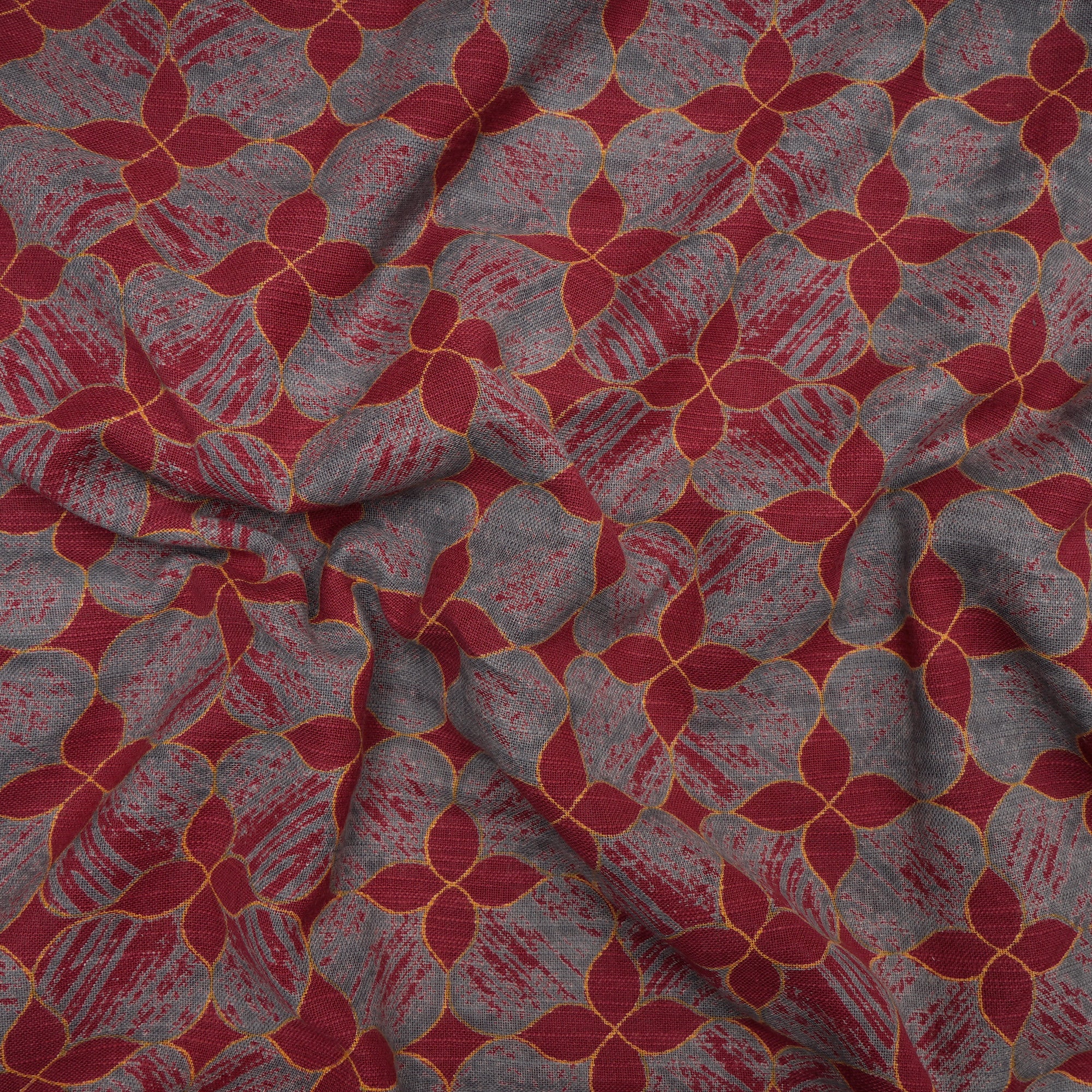 Red-Grey All Over Pattern Screen Printed Cotton Slub Fabric
