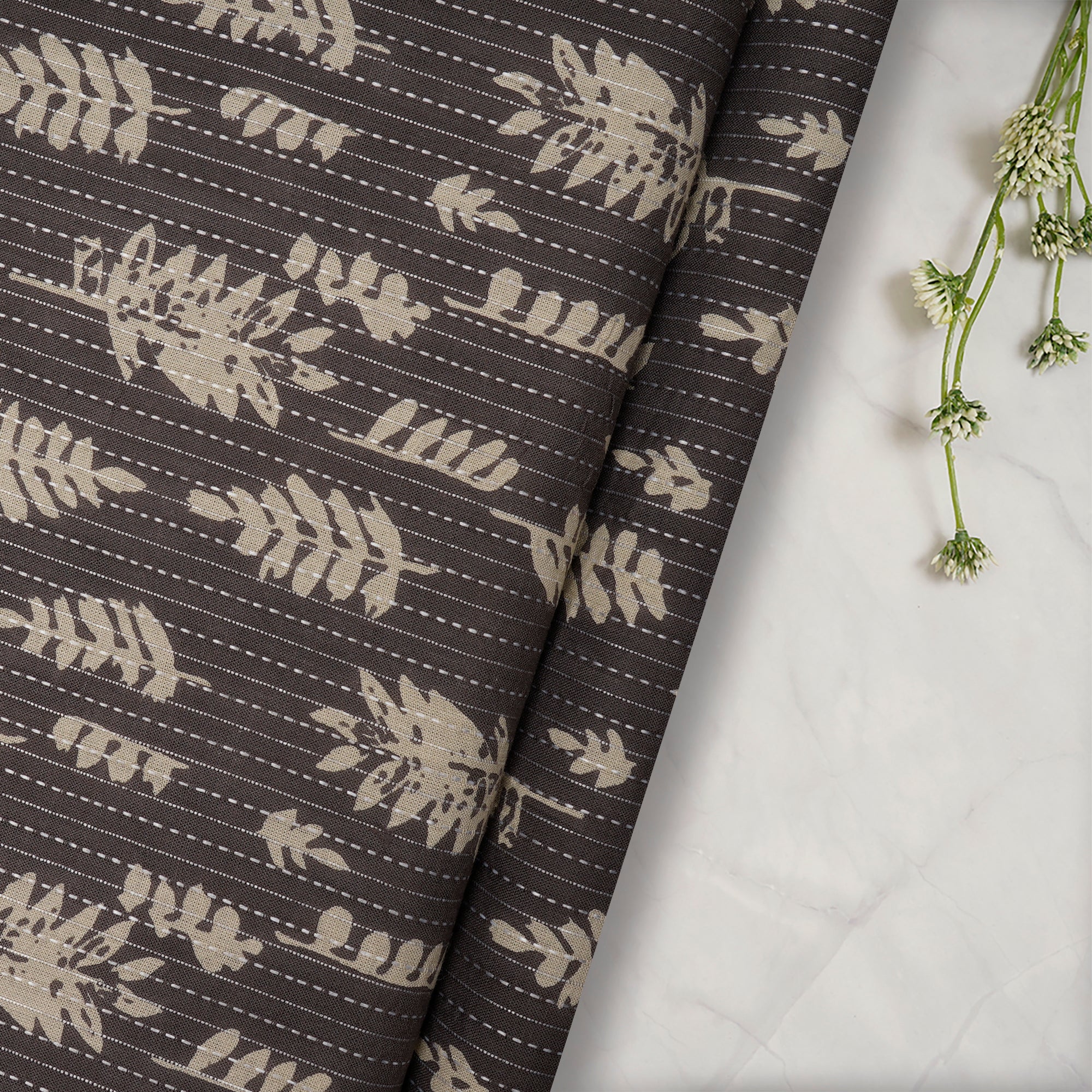 Morel All Over Pattern Screen Printed Kashish Kantha Cotton Dobby Fabric