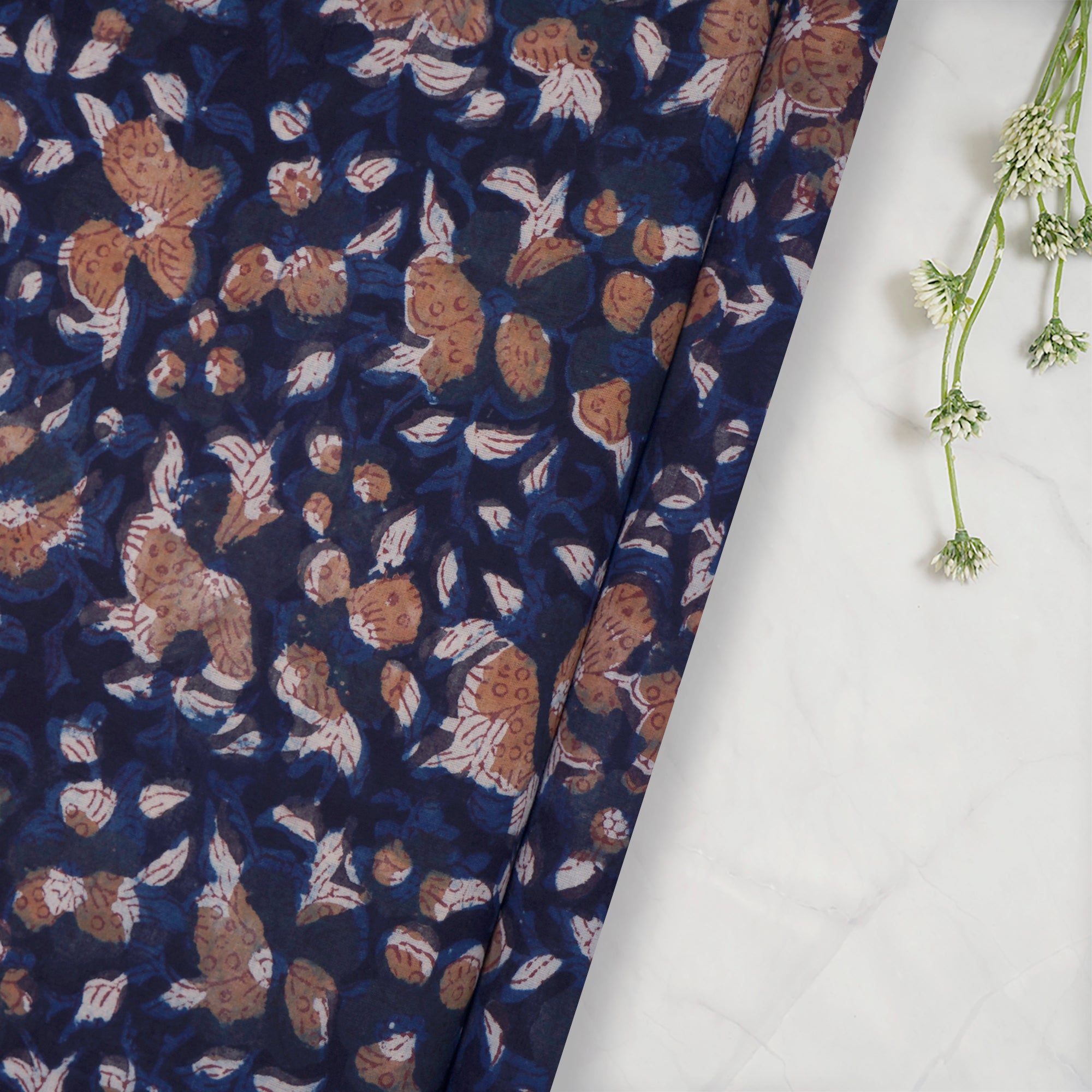 Navy Blue Hand Block Natural Dye Jahota Printed Cotton Cambric Fabric