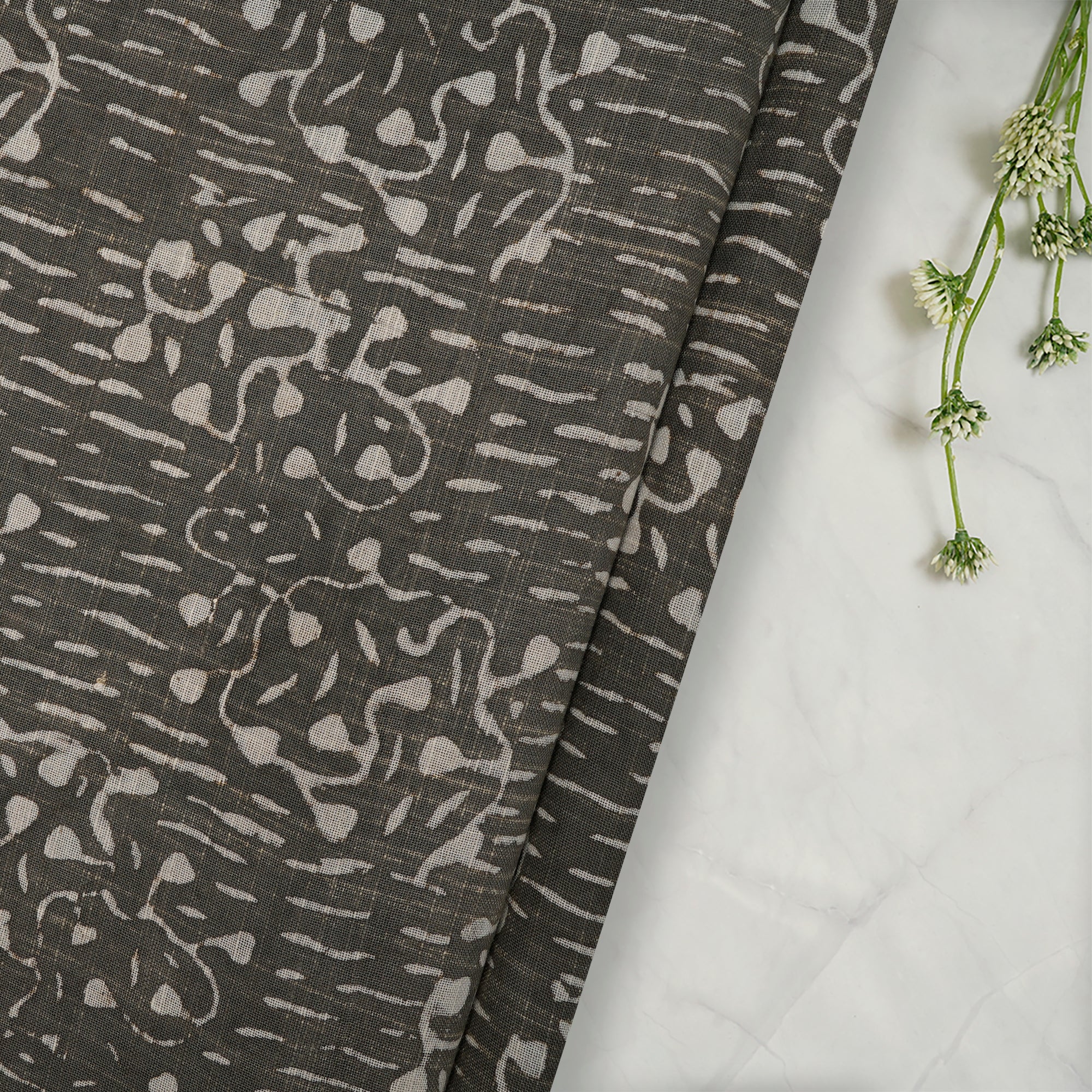 Timber Wolf Hand Block Natural Dye Dabu Printed Cotton Slub Fabric
