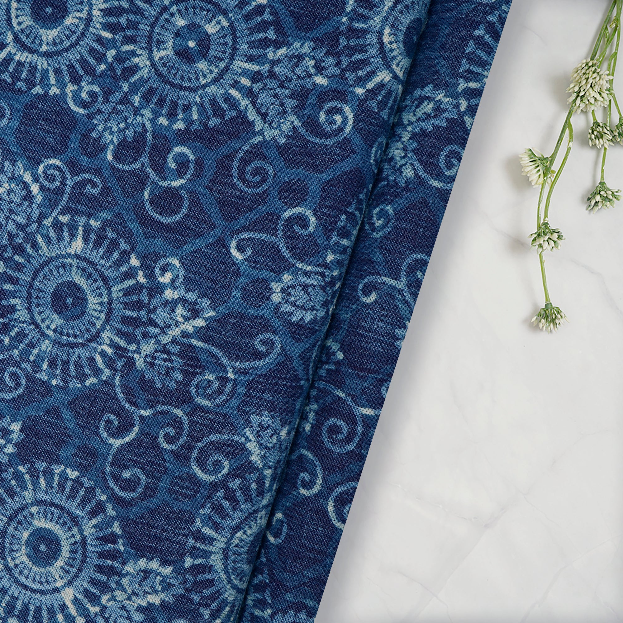 Indigo Blue Hand Block Natural Dye Dabu Printed Cotton Flax Fabric