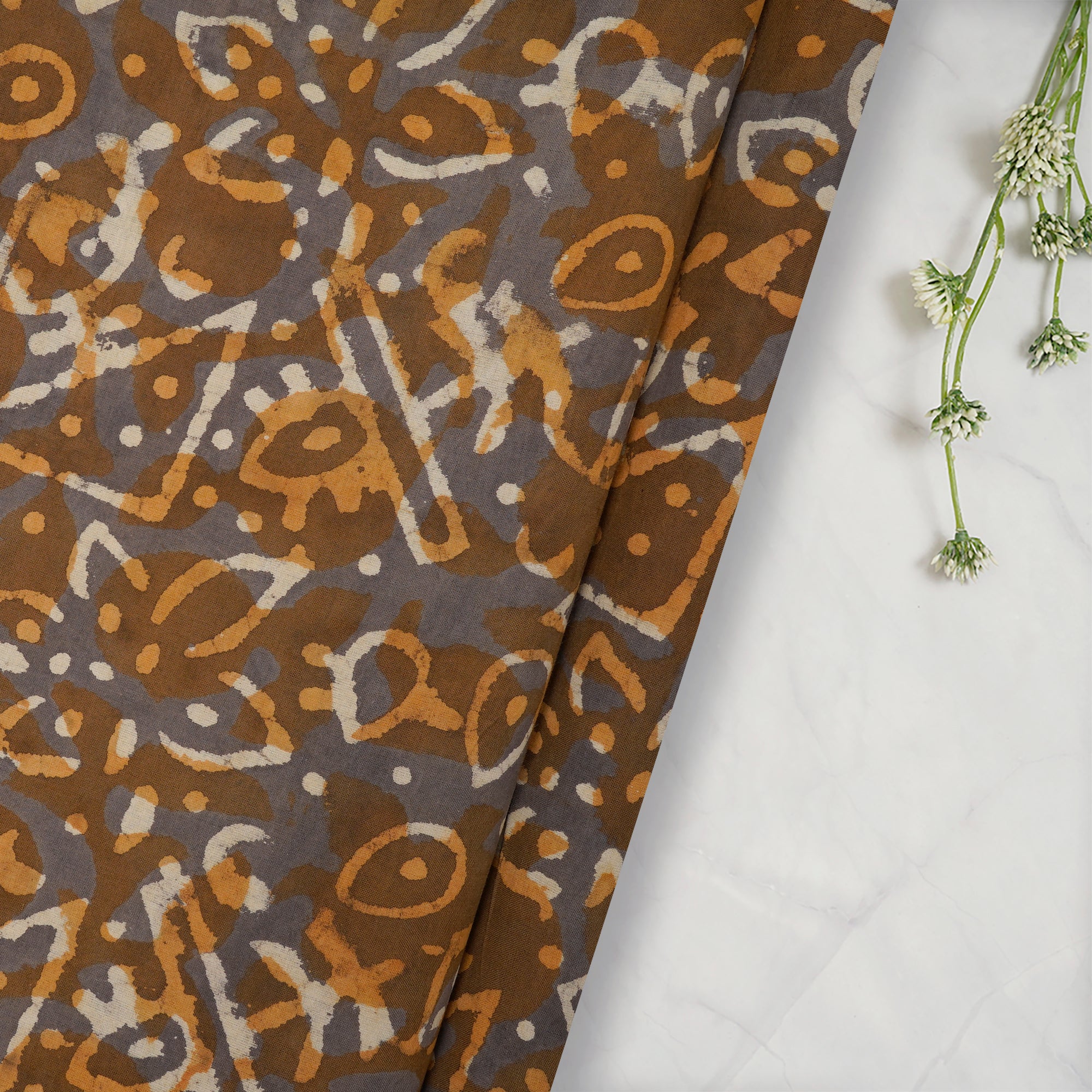 Orange-Grey Hand Block Natural Dye Dabu Printed Cotton Fabric