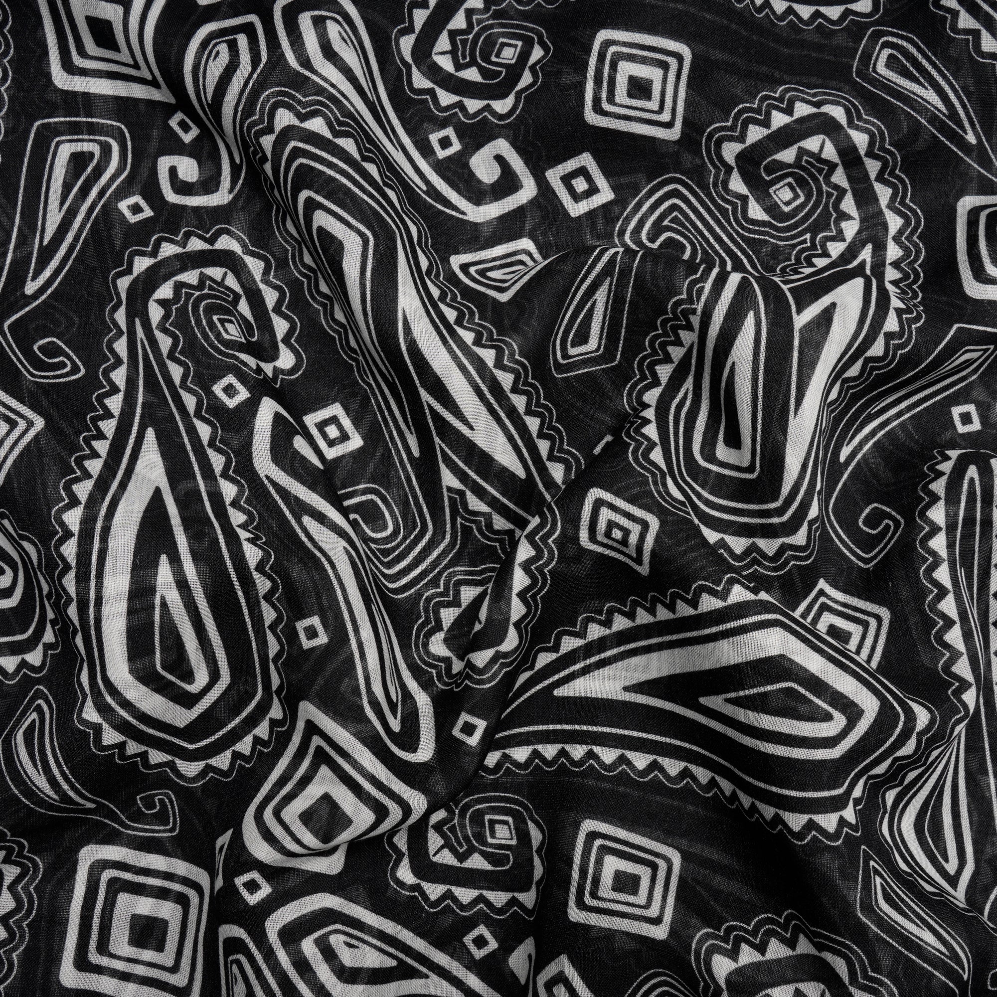 Black-White Paisley Pattern Screen Printed Cotton Fabric